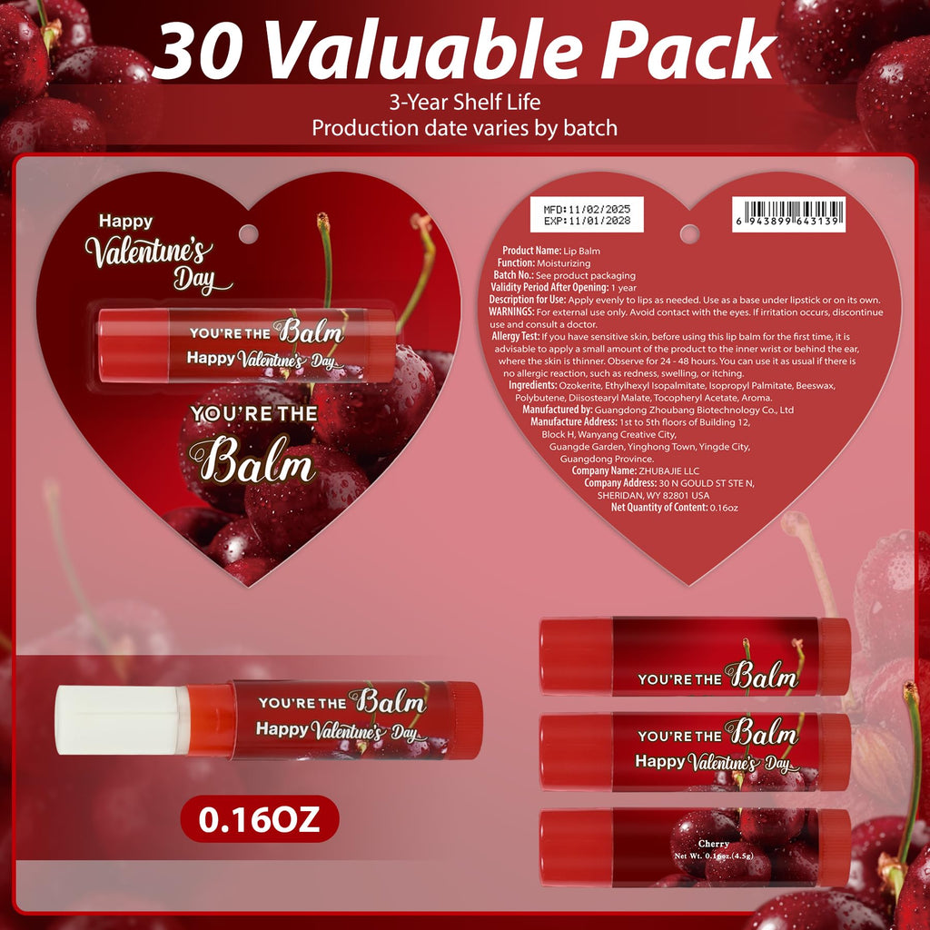 Kuabiz 30Pcs Valentines Lip Balm Bulk – Cherry Scent Gift Favors