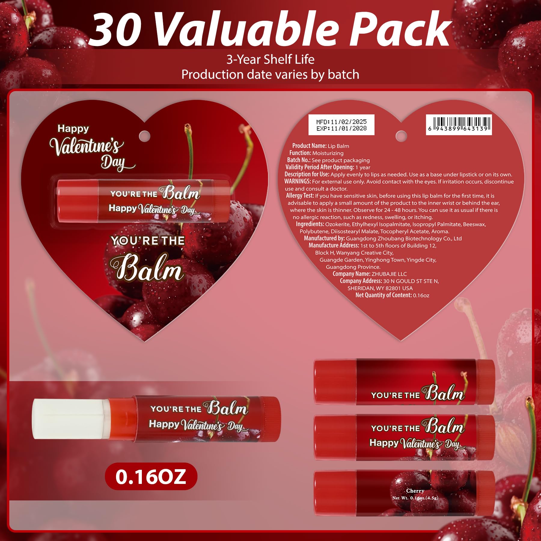 Kuabiz 30Pcs Valentines Lip Balm Bulk – Cherry Scent Gift Favors
