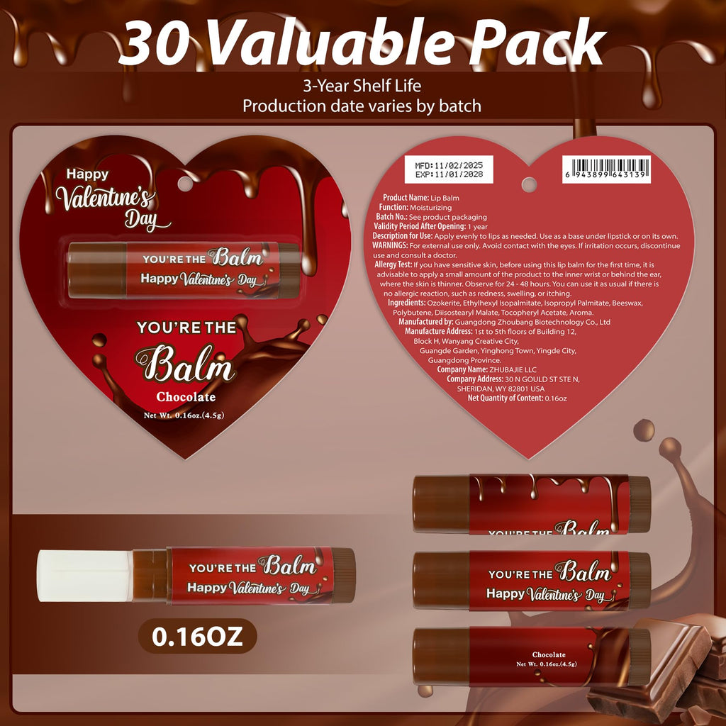 Kuabiz 30 Pcs Valentines Day Lip Balm Bulk — Chocolate Flavor | Galentines Gifts