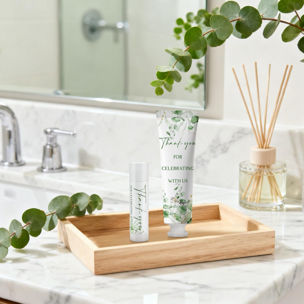 Kuabiz 30-Piece Hand Cream & Lip Balm Gift Set – Sage Green Eucalyptus Wedding Favors