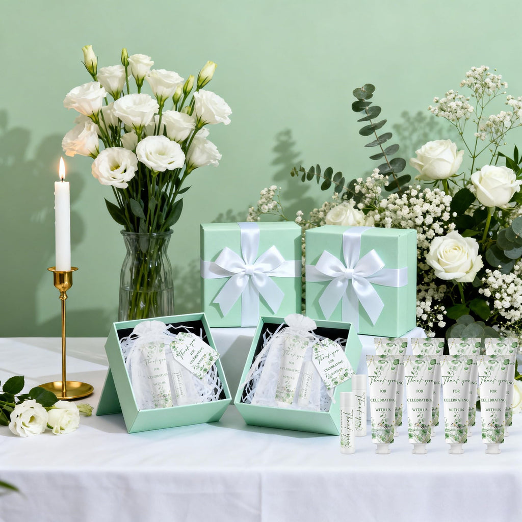 Kuabiz 30-Piece Hand Cream & Lip Balm Gift Set – Sage Green Eucalyptus Wedding Favors