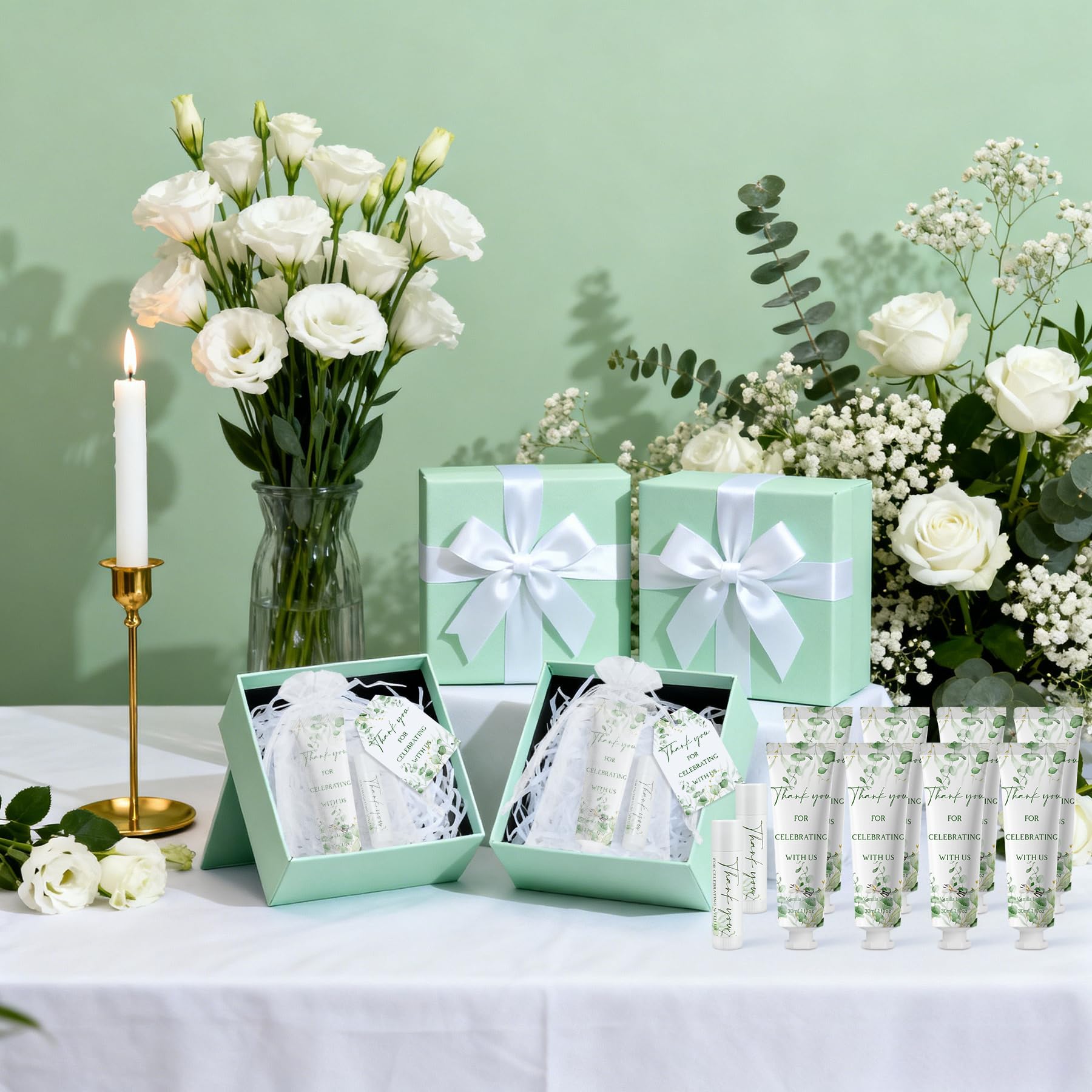 Kuabiz 30-Piece Hand Cream & Lip Balm Gift Set – Sage Green Eucalyptus Wedding Favors