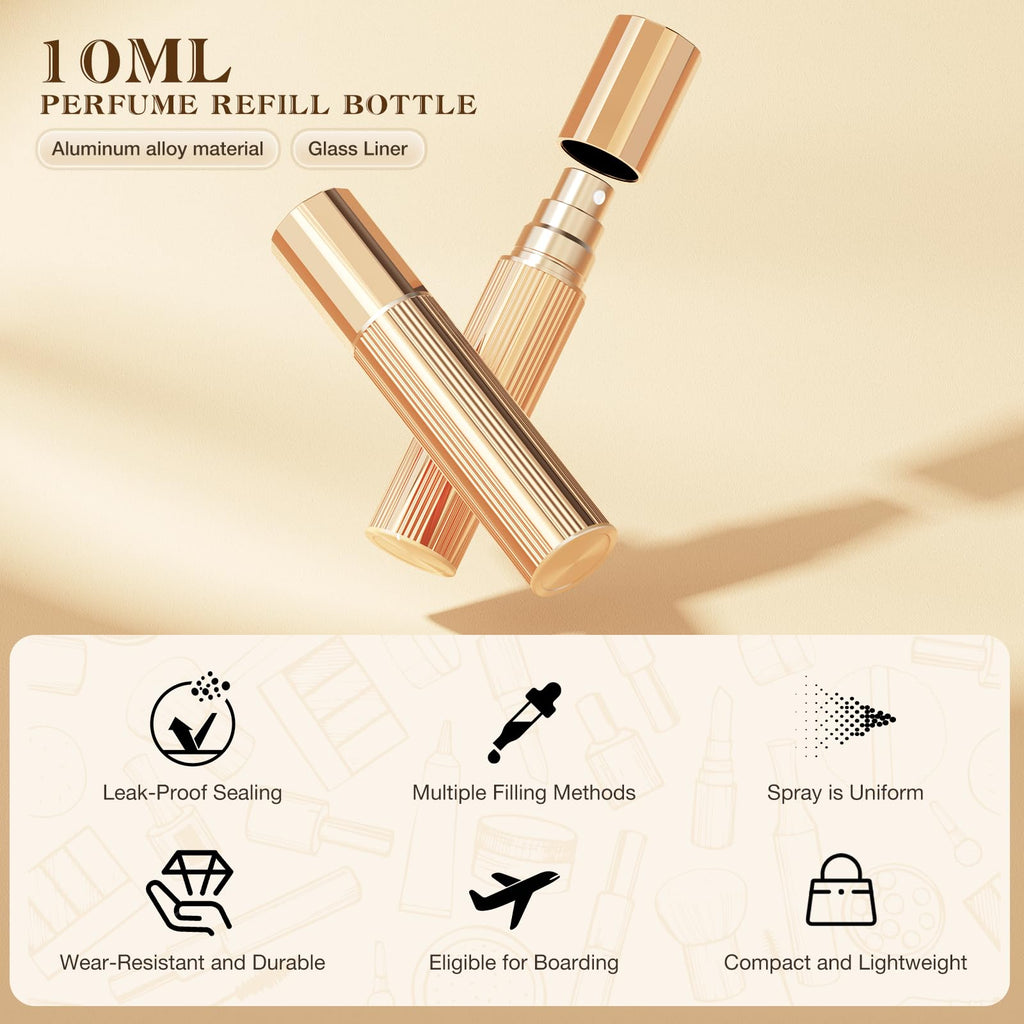 Kuangre 10ml Perfume Atomizer — Refillable Glass Mini Bottle, Portable 0.34oz (Gold)