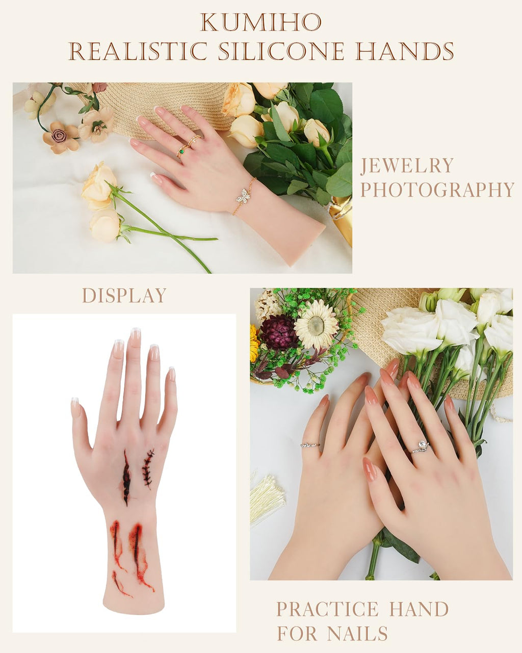 KUMIHO Realistic Silicone Female Hand with Skeleton – Jewelry Display & Tattoo Practice