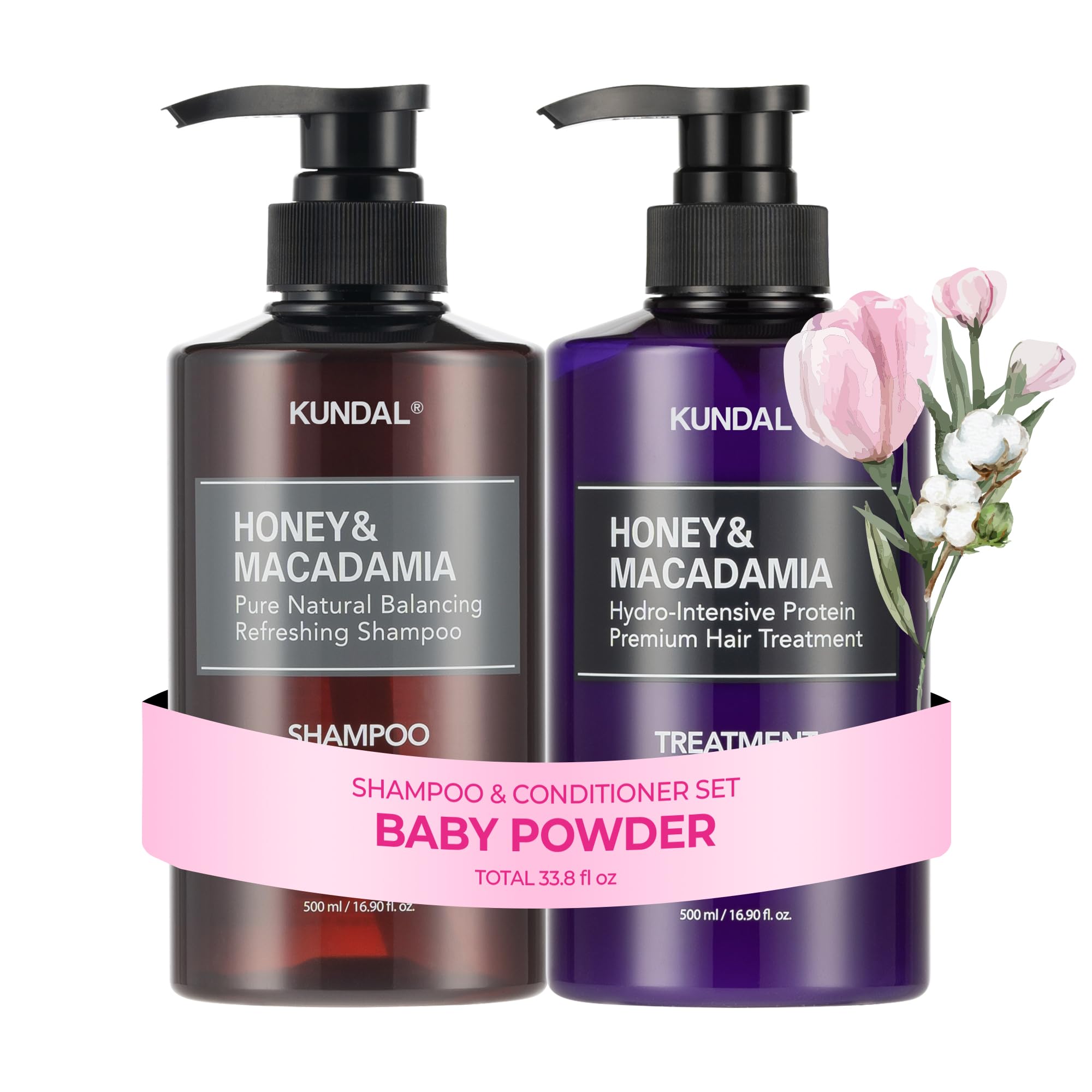 KUNDAL Korean Shampoo & Conditioner Set [Baby Powder] – Sulfate-Free, Argan & Macadamia Oil, 16.9 oz Each