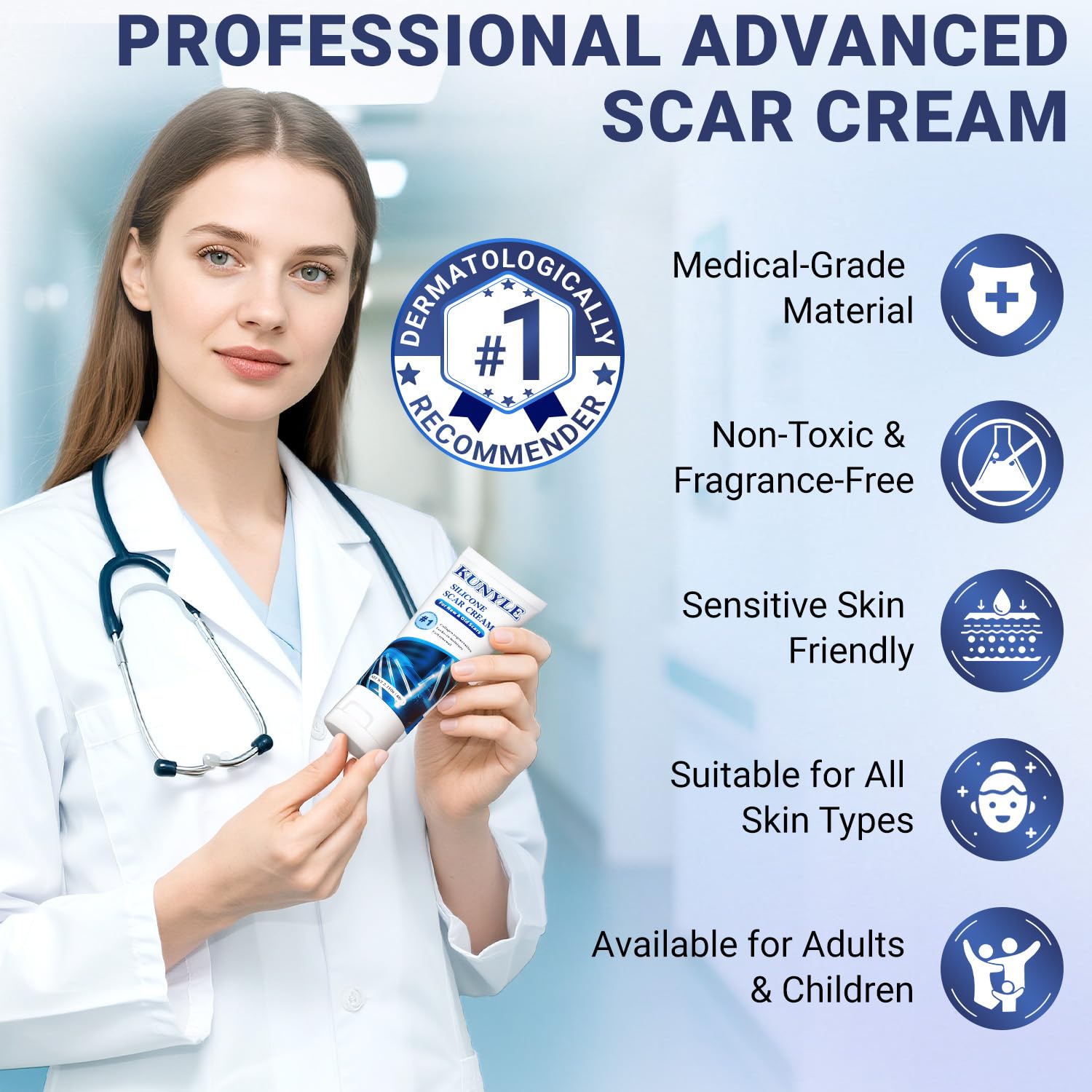 Kunyle Silicone Scar Cream - Advanced Scar Gel for Surgical Scars, Keloids, and Stretch Marks | 2.11 oz (60 g)