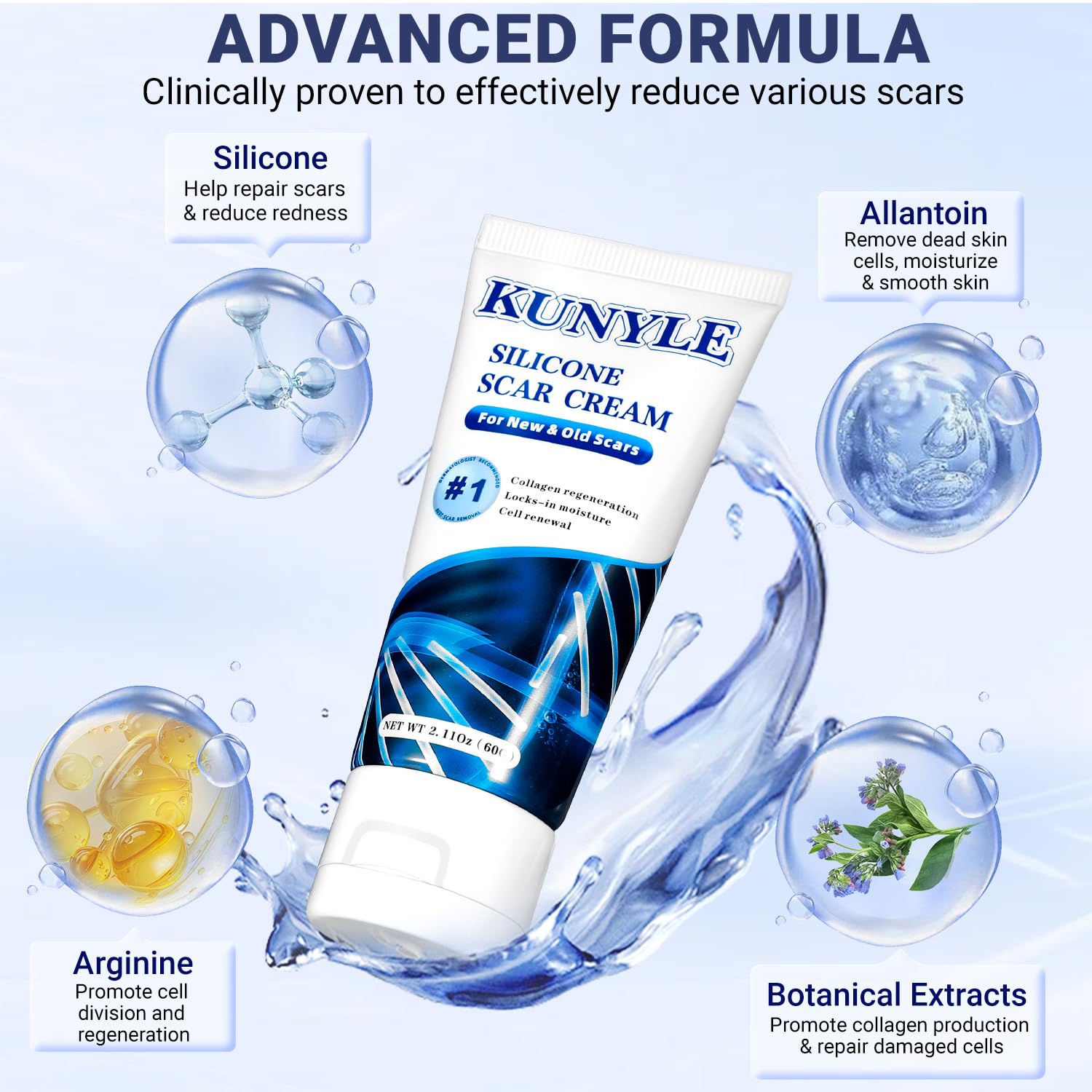 Kunyle Silicone Scar Cream - Advanced Scar Gel for Surgical Scars, Keloids, and Stretch Marks | 2.11 oz (60 g)