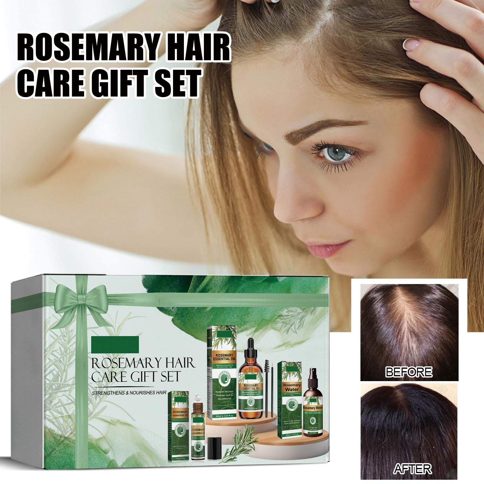 KUPOINEA Rosemary Hair Care Gift Set — Growth Oil Kit with Roller, Spray & Jojoba Oil (3.38 fl oz)