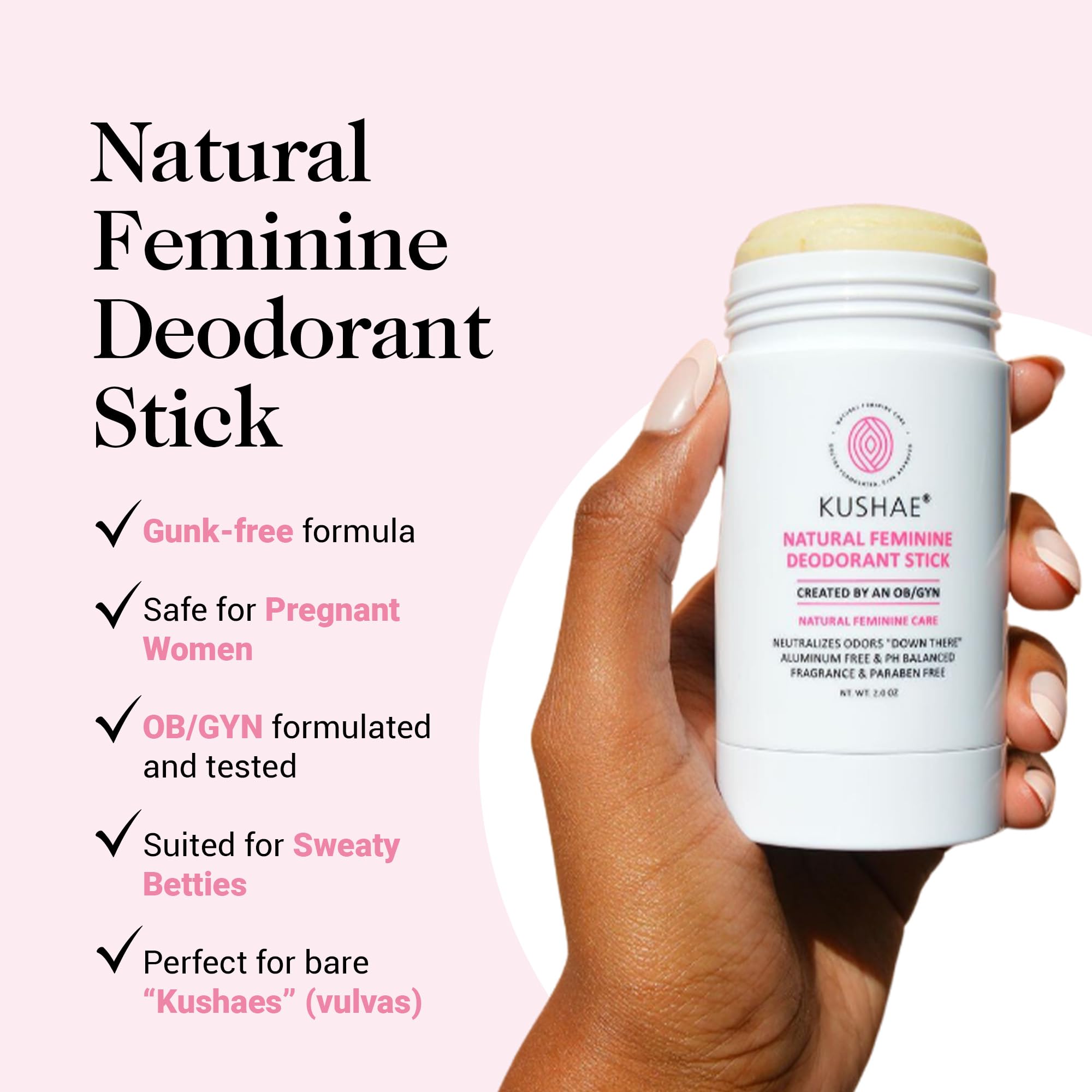 Kushae Natural Feminine Deodorant Stick for Women – Aluminum-Free, Unscented, 2 oz