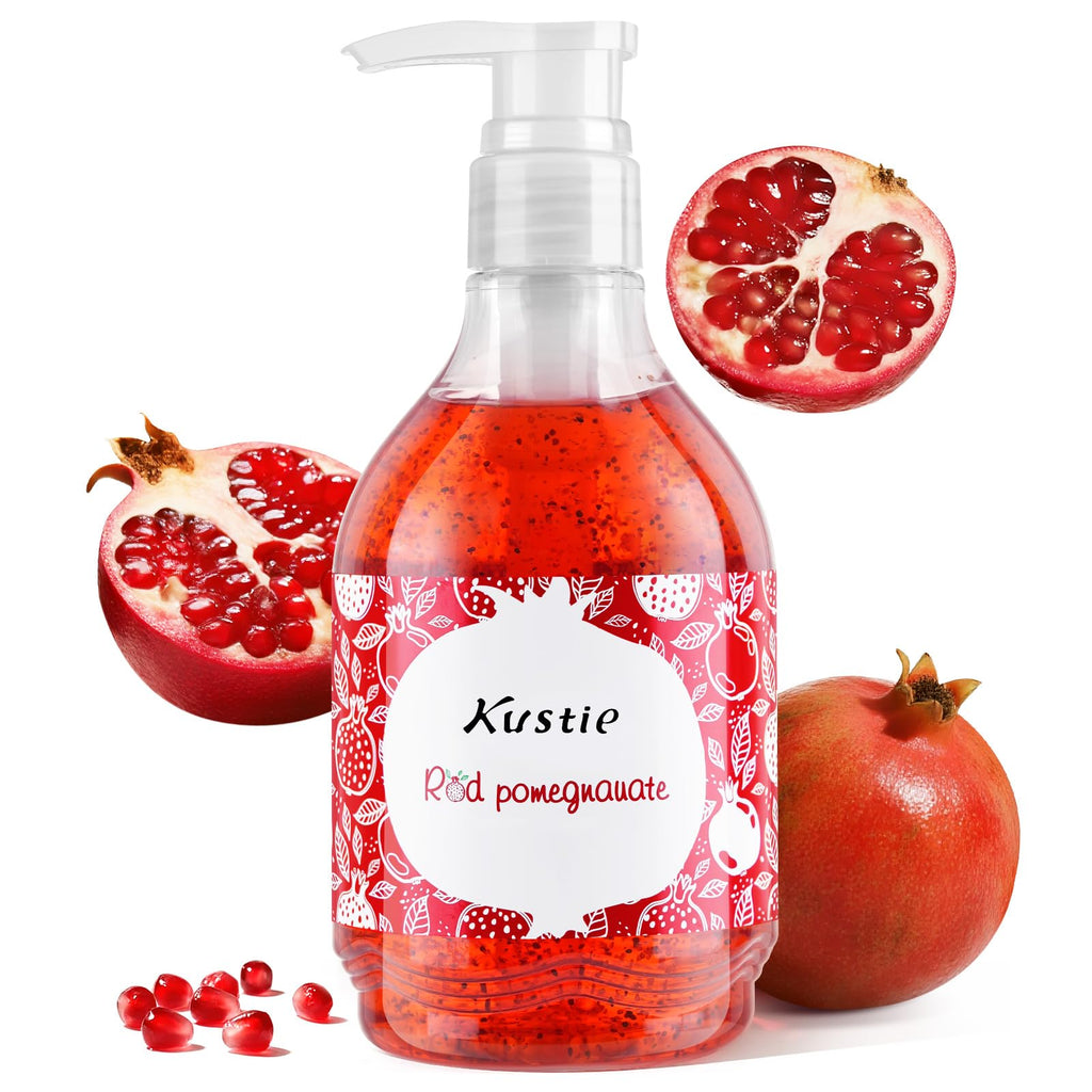 Kustie Pomegranate Jam Body Wash with Real Strawberry Seeds & Niacinamide – Brightening, Gentle Exfoliating Shower Gel – 19.6 fl oz