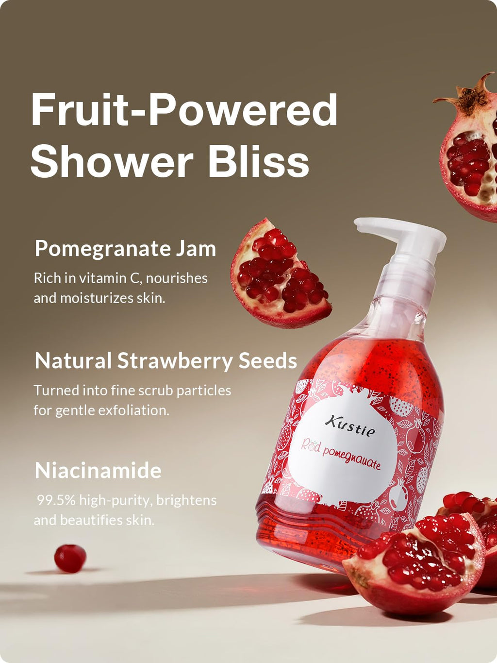 Kustie Pomegranate Jam Body Wash with Real Strawberry Seeds & Niacinamide – Brightening, Gentle Exfoliating Shower Gel – 19.6 fl oz