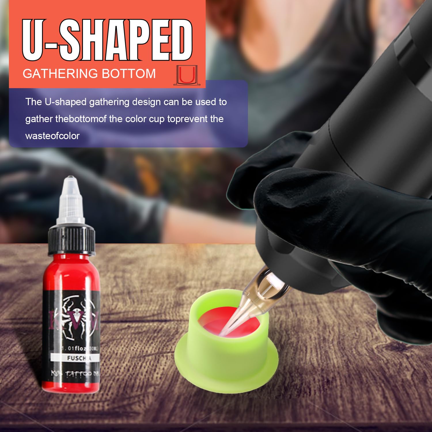 KVM 200pcs Disposable Silicone Tattoo Ink Cups — U‑Shaped Pigment Holders for Eyebrow, Eyeliner & Lip Color