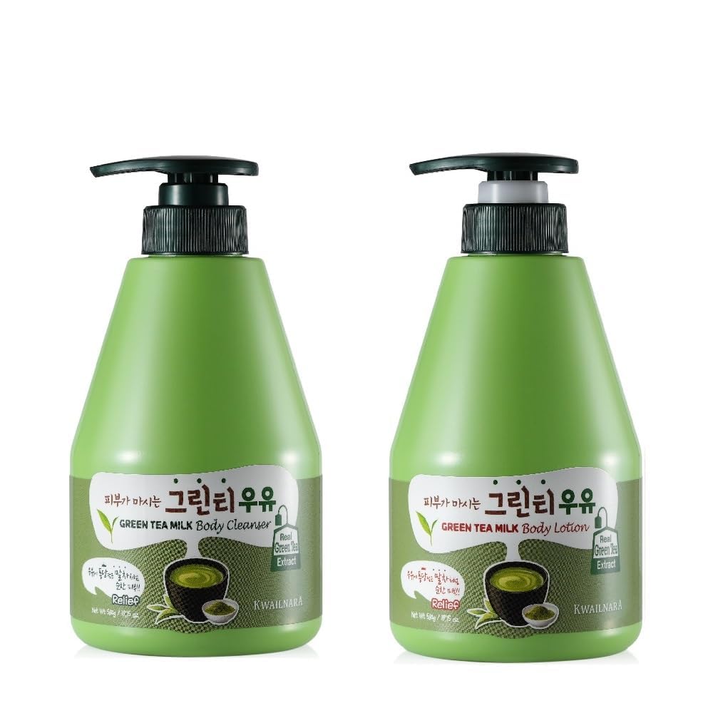 Kwailnara Green Tea Milk Body Wash & Lotion Set – 19.75 oz Each | Korean Skincare Duo with Milk Protein, Royal Jelly & Green Tea Extract | Paraben-Free