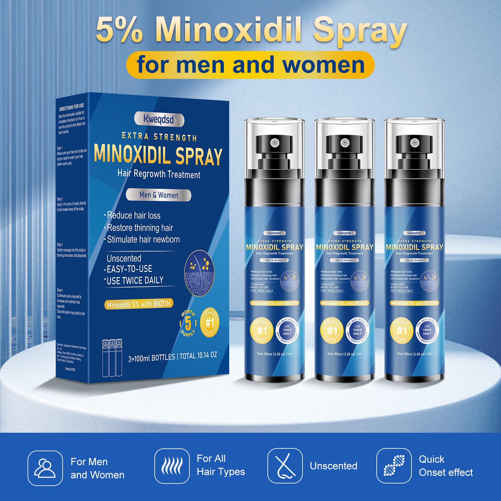 Kweqdsd 5% Minoxidil Spray for Men – 6 Pack, 21oz, Biotin Infused Hair & Beard Growth