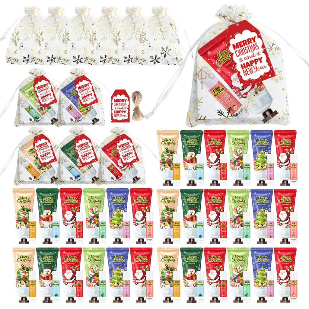 KWOLYKIM 30-Set Christmas Hand Cream & Lip Balm Gift Set — Bulk Party Favors with Snowflake Organza Bags