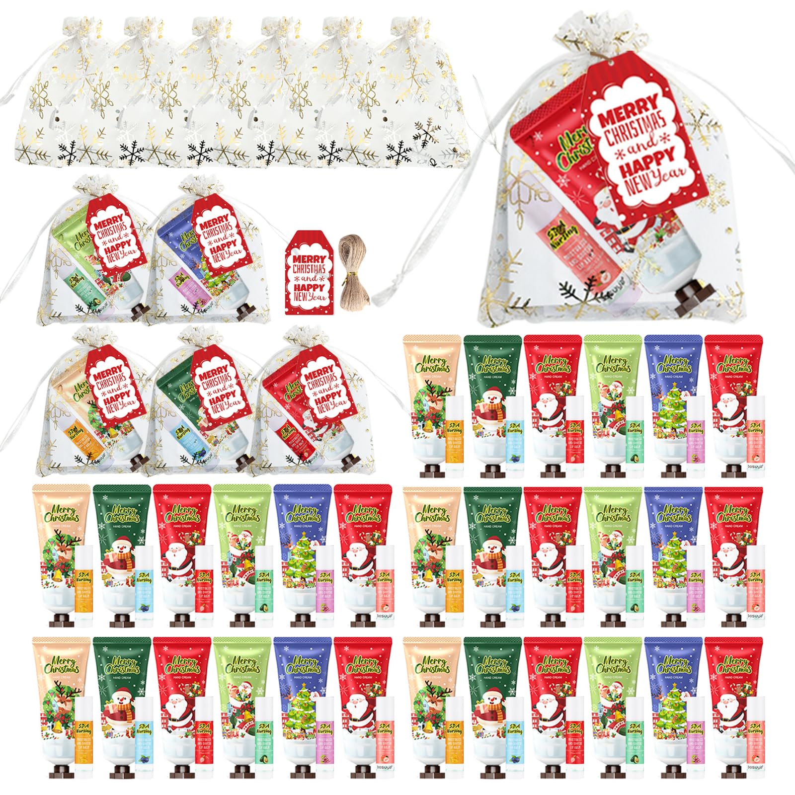 KWOLYKIM 30-Set Christmas Hand Cream & Lip Balm Gift Set — Bulk Party Favors with Snowflake Organza Bags