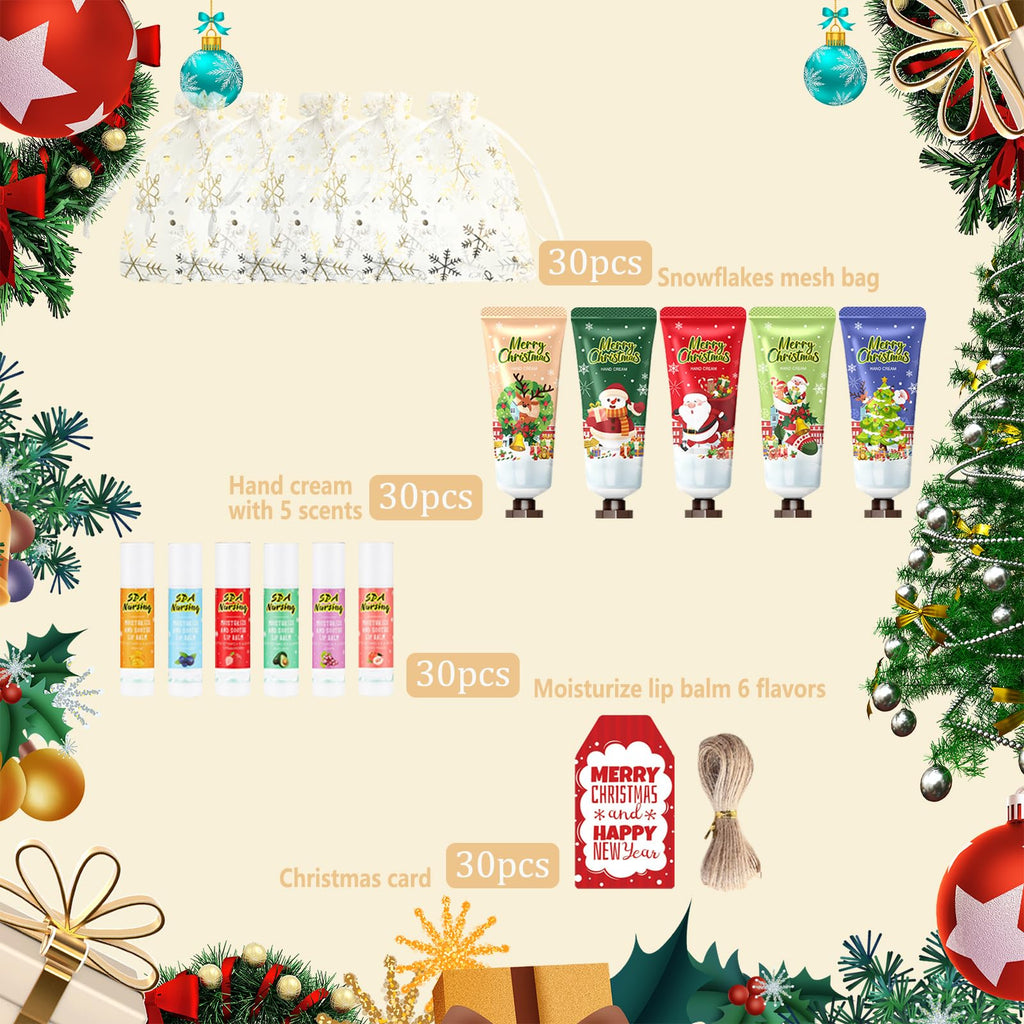 KWOLYKIM 30-Set Christmas Hand Cream & Lip Balm Gift Set — Bulk Party Favors with Snowflake Organza Bags