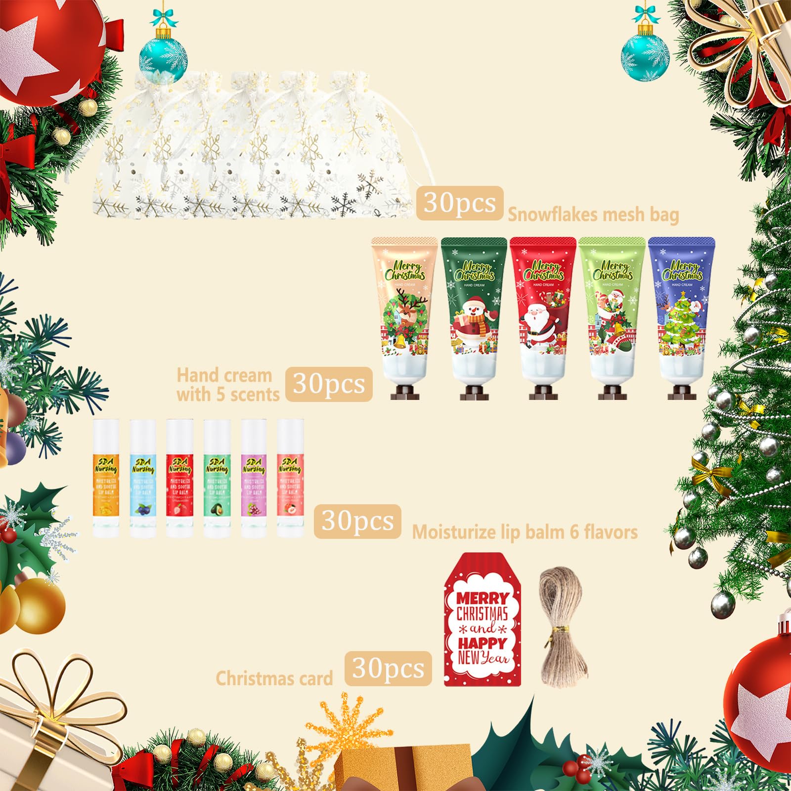 KWOLYKIM 30-Set Christmas Hand Cream & Lip Balm Gift Set — Bulk Party Favors with Snowflake Organza Bags