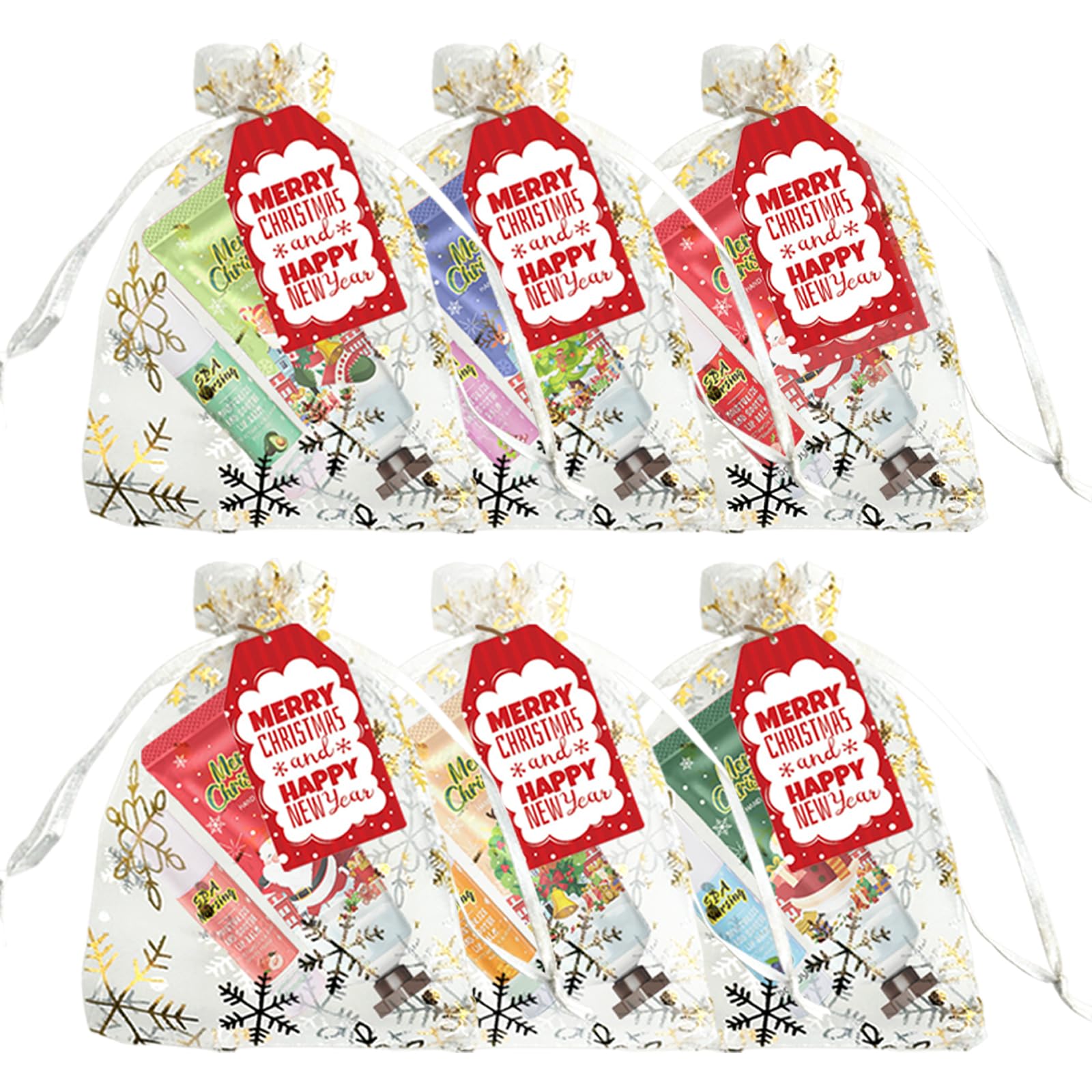 KWOLYKIM 30-Set Christmas Hand Cream & Lip Balm Gift Set — Bulk Party Favors with Snowflake Organza Bags