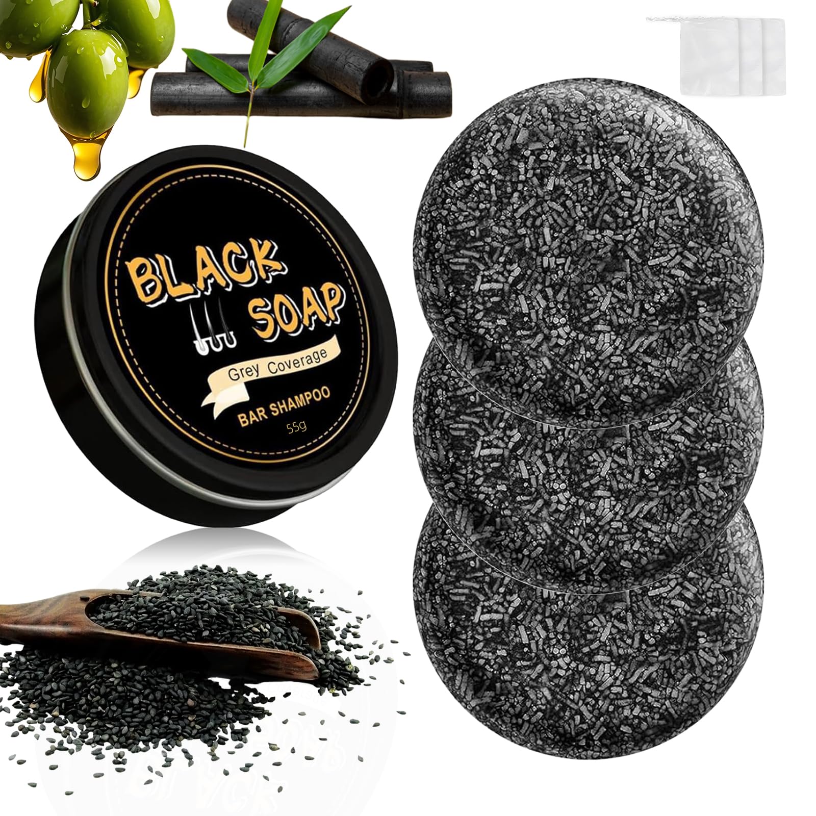 KYDA 3-Pack Gray Hair Reverse Bar Soap – Black Shampoo Bar for Darkening, Deep Clean & Nourish Scalp