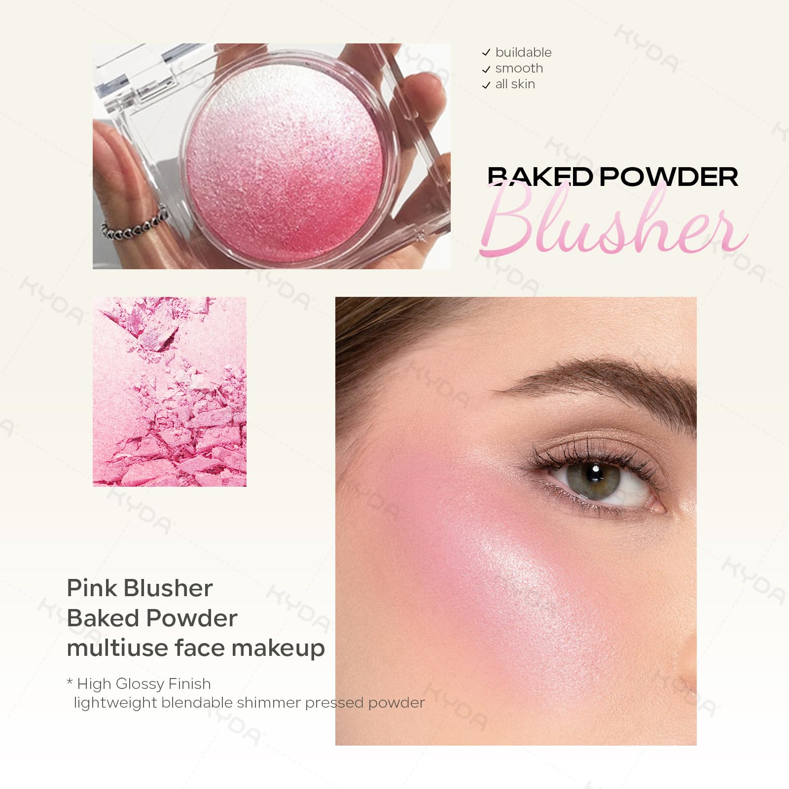 KYDA Pink Baked Blush – Multi-Tone Glow Powder for Cheeks & Highlight (0.53 oz)