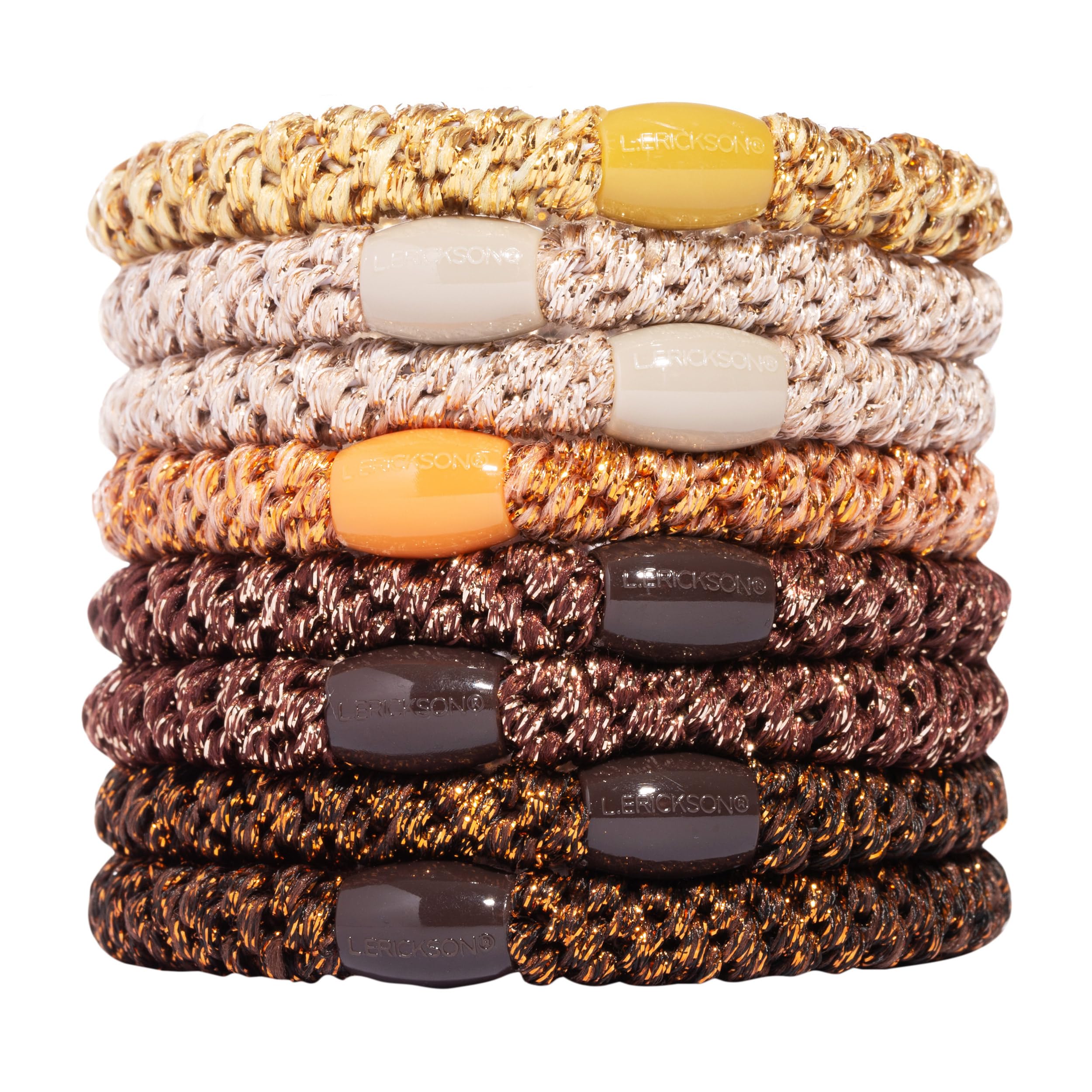 L. Erickson Brown Hair Ties for Thick Hair – 8 Pack, Metallic Bronze, No-Crease, Strong Hold
