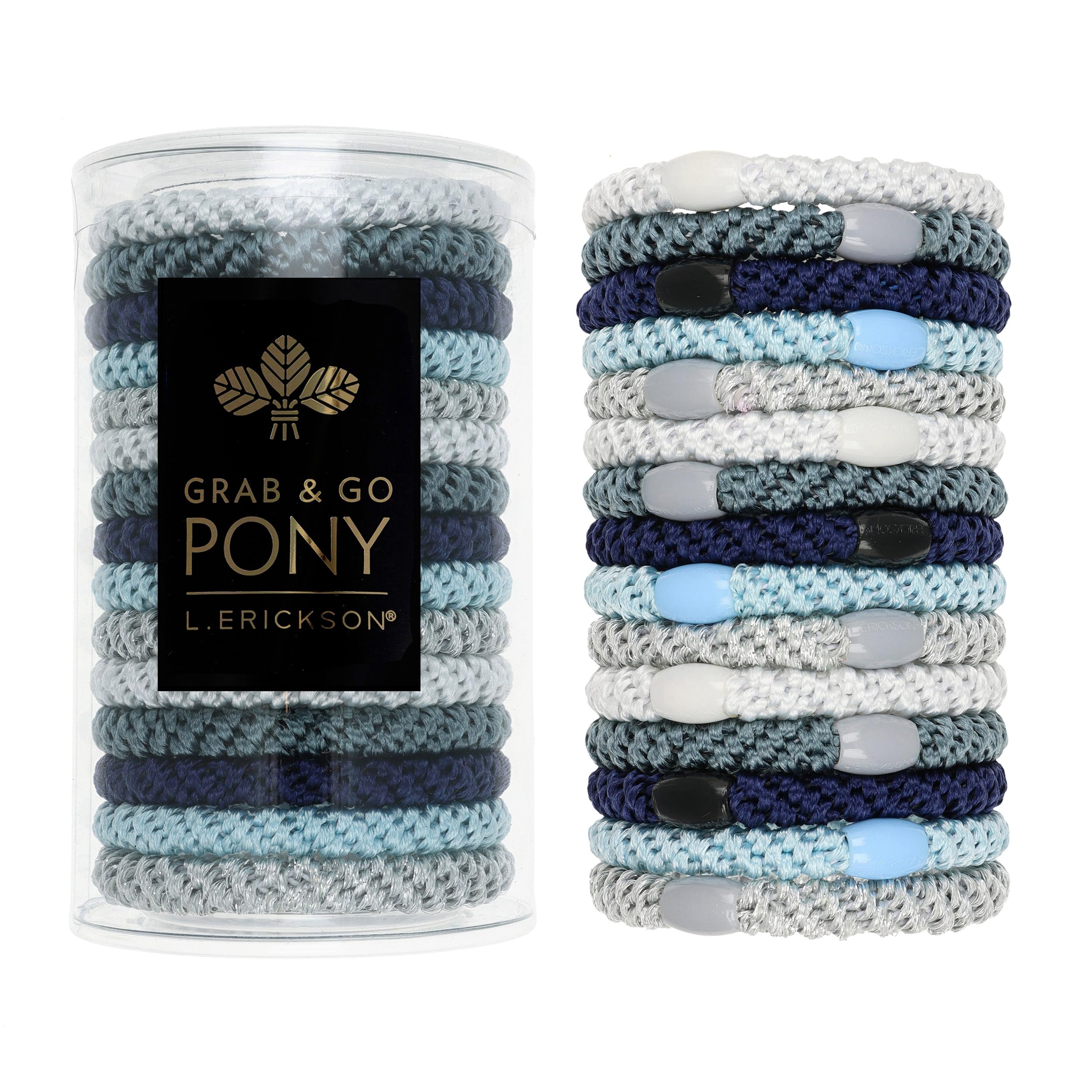 L. Erickson Grab & Go Ponytail Holders Atlantic 15-Pack | Strong Hold, Gentle, Damage-Free