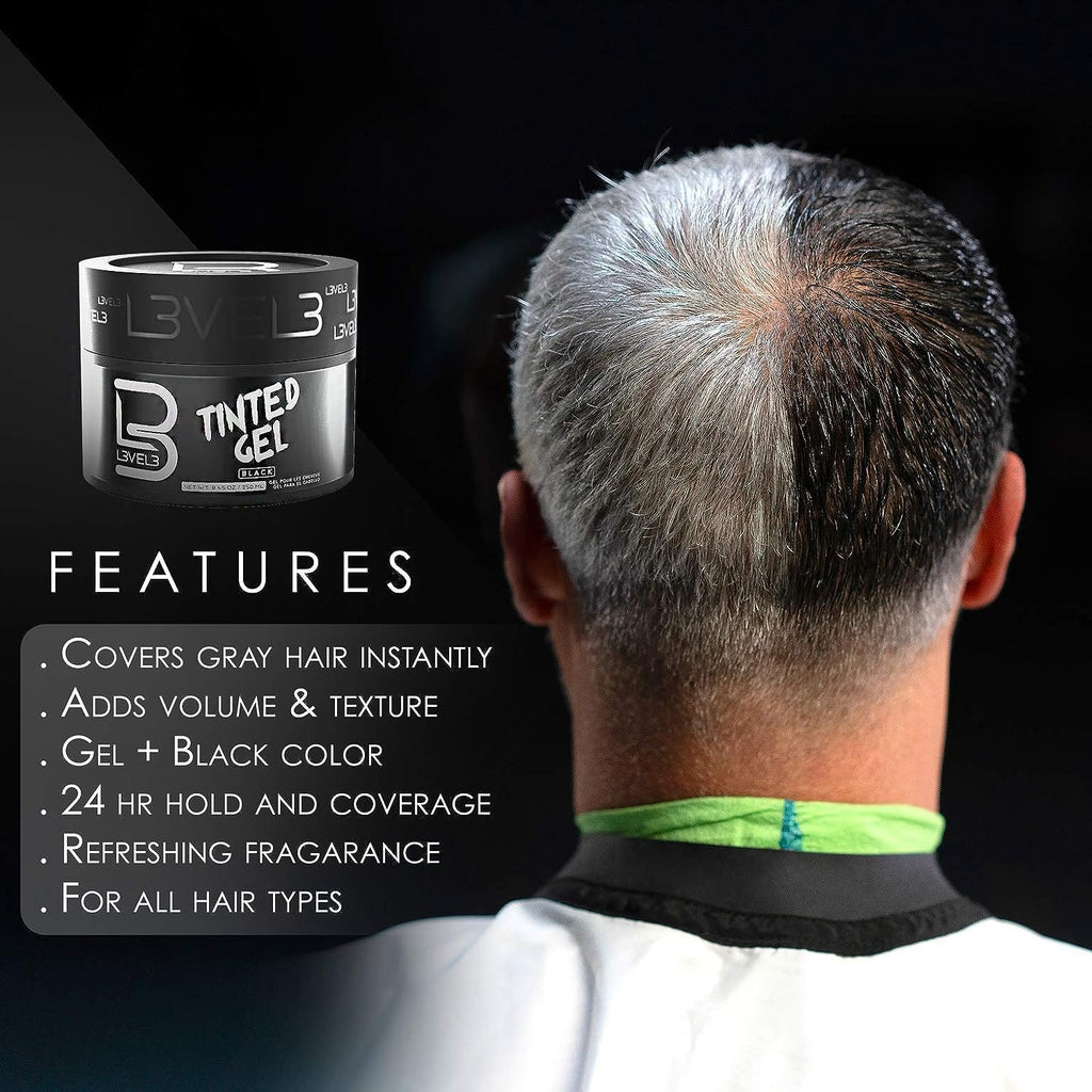 L3 Tinted Gel Black - Temporary Black Hair Gel for Men | No Flaking, Easy Rinse, Strong Hold (3 Pack)