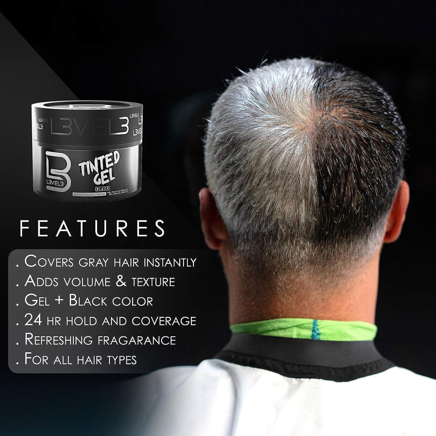 L3 Tinted Gel Black - Temporary Black Hair Gel for Men | No Flaking, Easy Rinse, Strong Hold (3 Pack)
