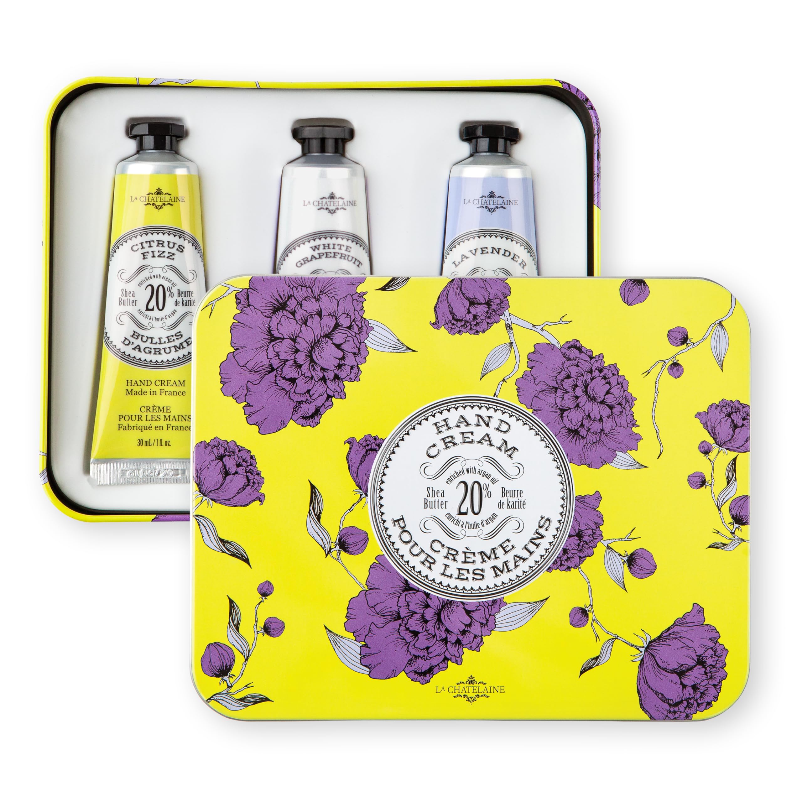 La Chatelaine Hand Cream Gift Set – 3 Travel-Size Lotions with 20% Organic Shea Butter (Citrus Fizz, White Grapefruit & Lavender) Made in France