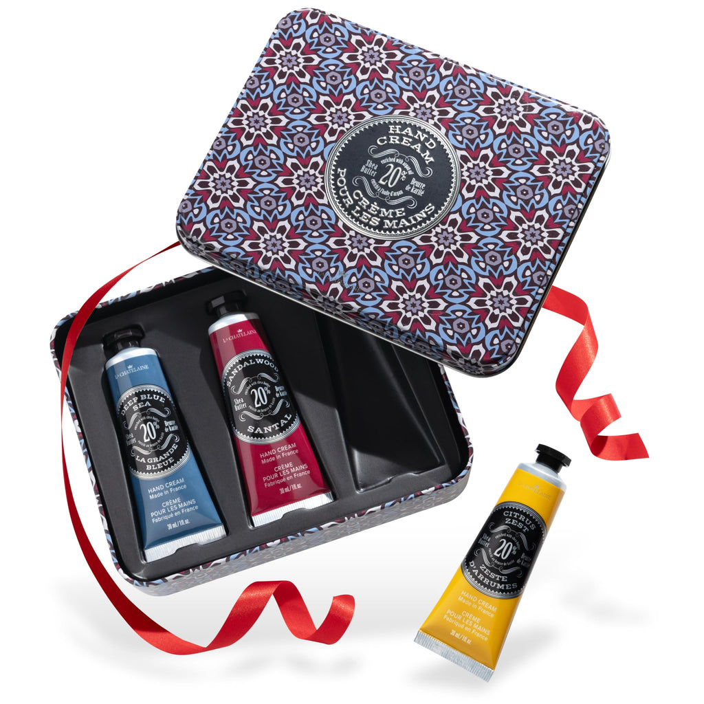 La Chatelaine Hand Cream Gift Set for Men – 3x1 oz Travel Size, 20% Organic Shea Butter, Deep Blue Sea, Sandalwood, Citrus Zest