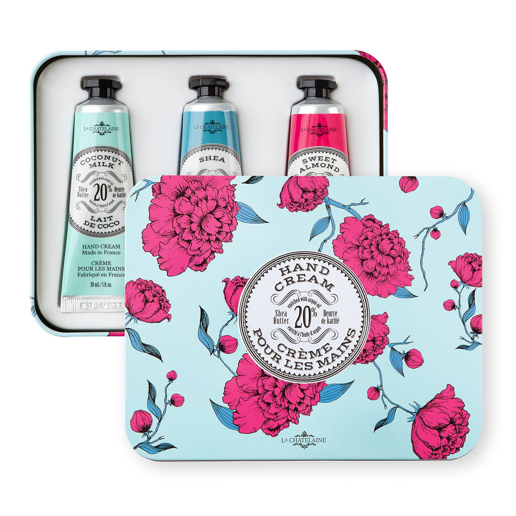 La Chatelaine 20% Shea Butter Hand Cream Travel Tin – Nourishing Gift Set for Women (Coconut Milk, Lychee Cranberry)