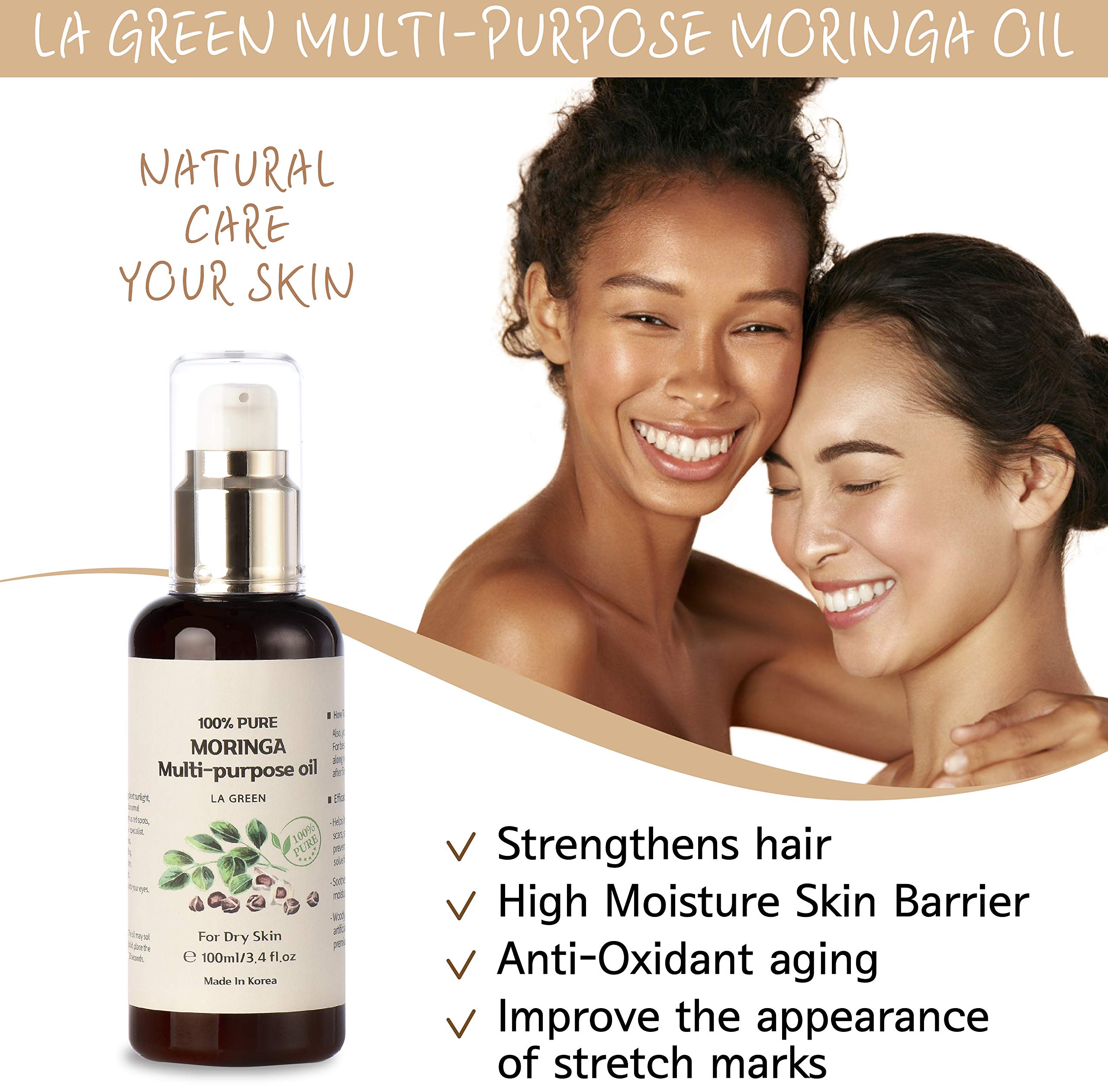 LA GREEN USDA Organic Moringa Oil – Pure Cold-Pressed, Multi-Purpose Oil for Face, Body, Hair 3.4 fl oz