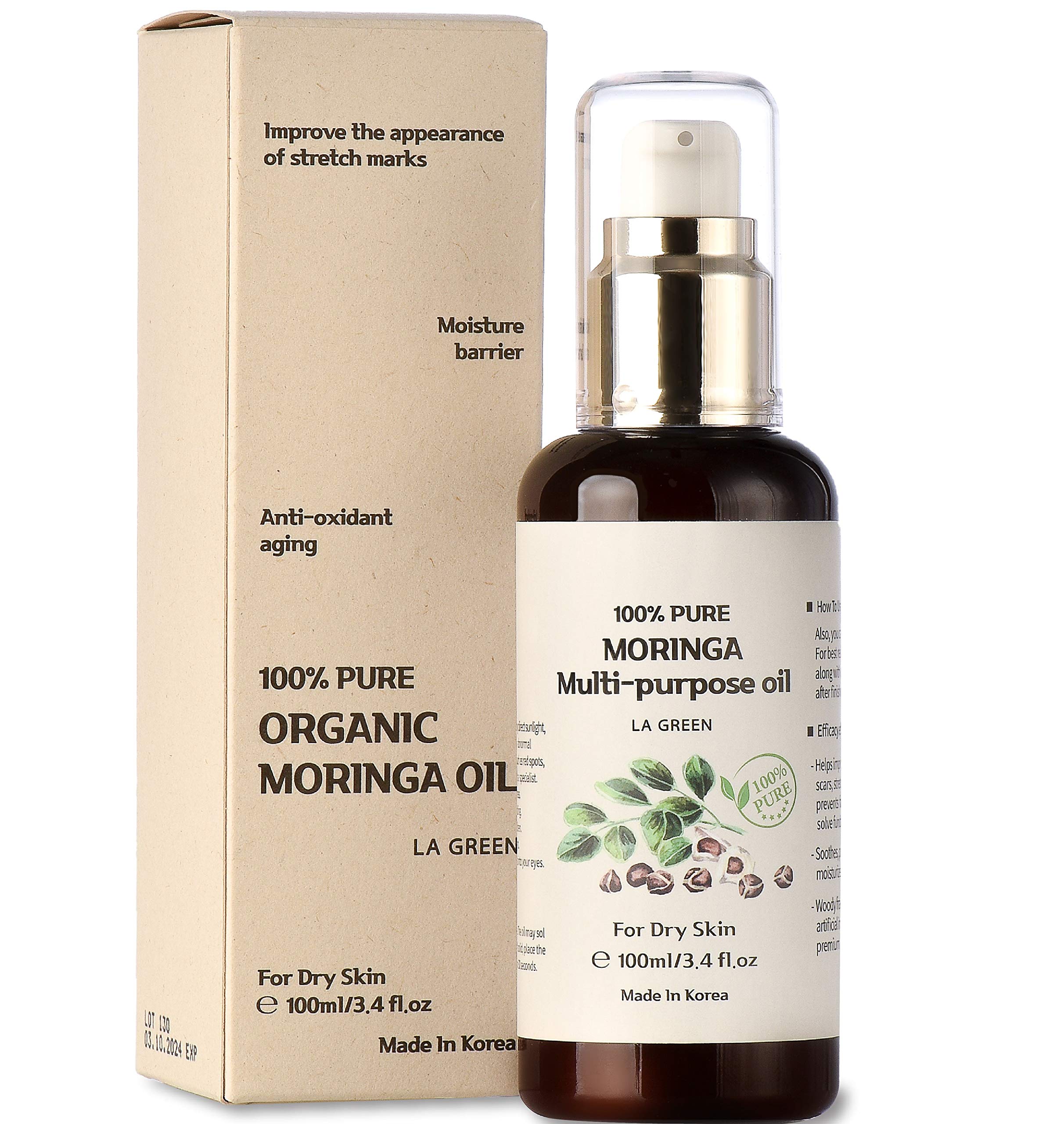 LA GREEN USDA Organic Moringa Oil – Pure Cold-Pressed, Multi-Purpose Oil for Face, Body, Hair 3.4 fl oz