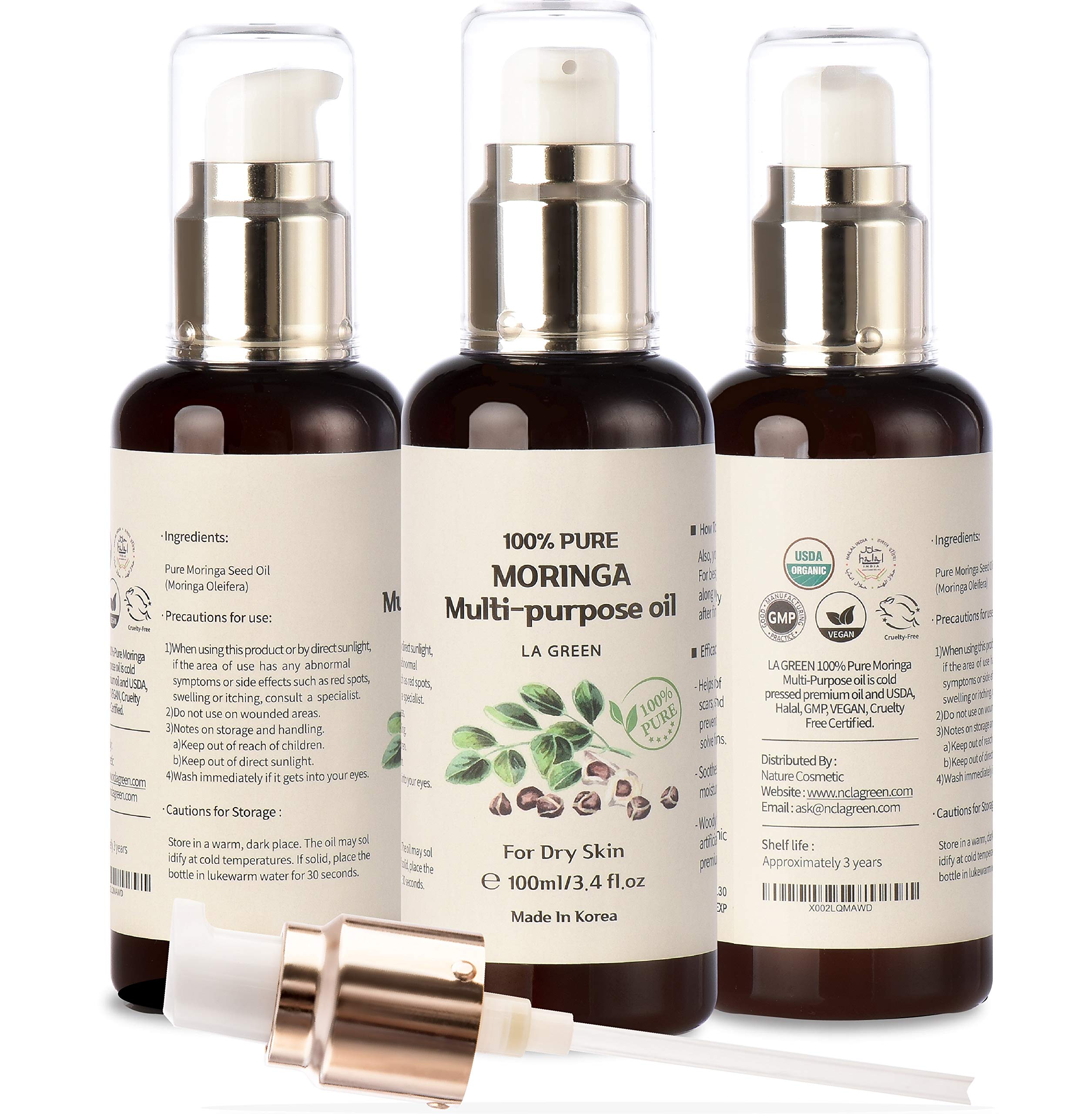 LA GREEN USDA Organic Moringa Oil – Pure Cold-Pressed, Multi-Purpose Oil for Face, Body, Hair 3.4 fl oz