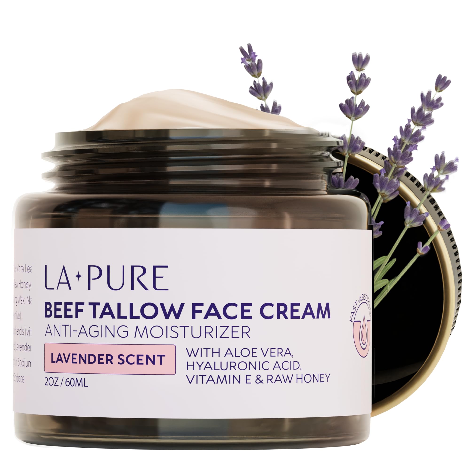 LA PURE Beef Tallow Face Cream – Grass-Fed Tallow, Organic Aloe Vera, Vegan Hyaluronate, Lavender, 2oz