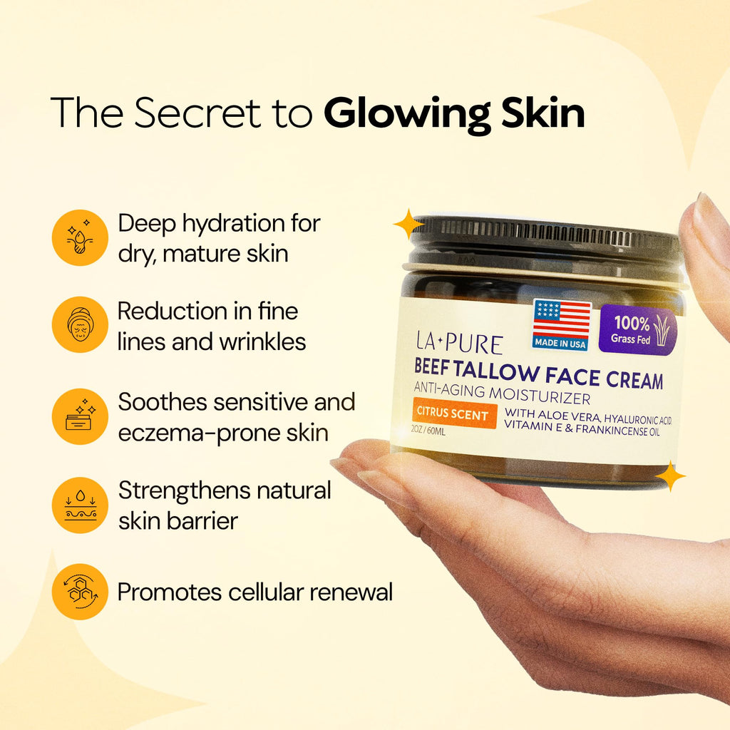 LA PURE Beef Tallow Face Cream – Hydrating, Non-Greasy Moisturizer with Aloe Vera, Hyaluronic Acid, Frankincense & Vitamin E