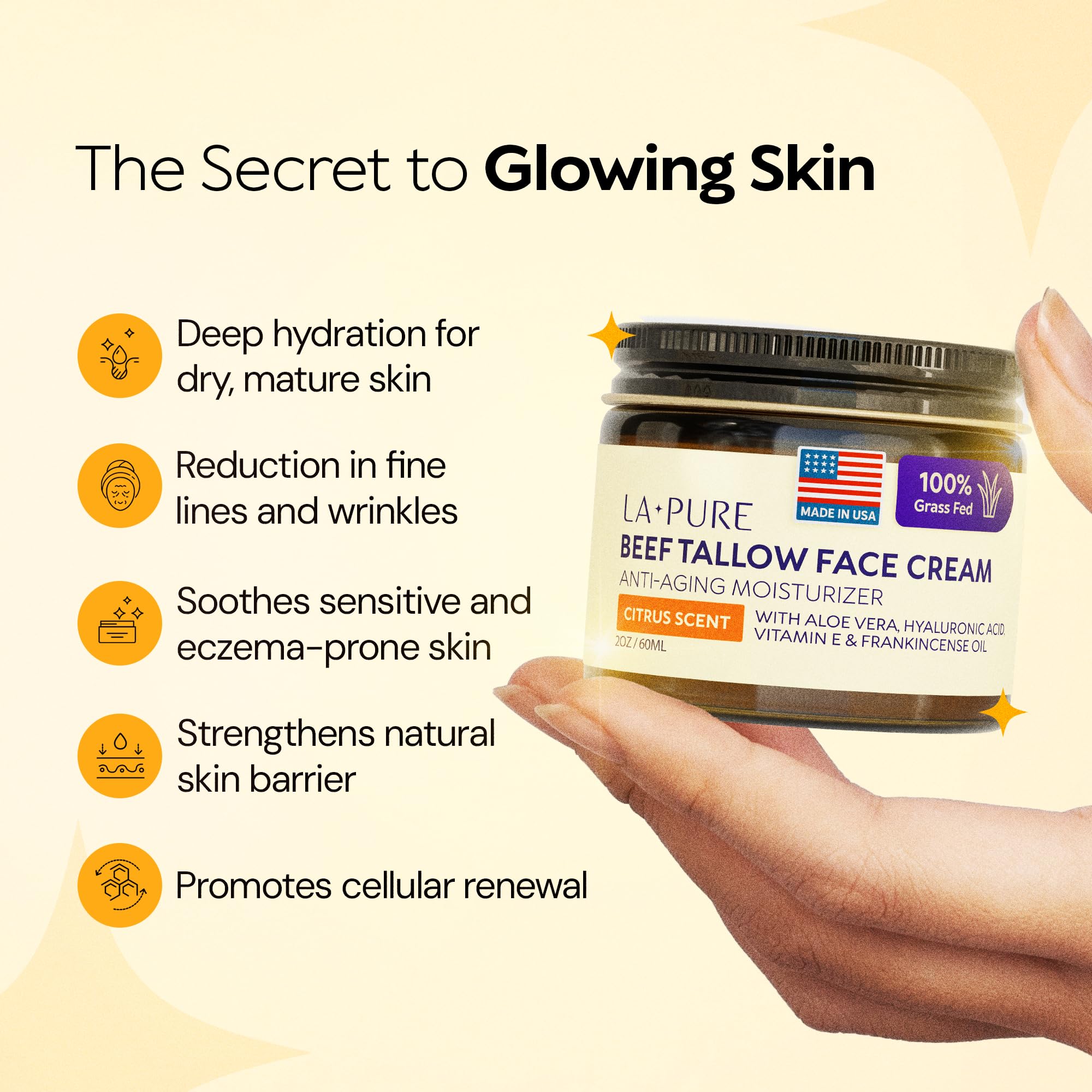 LA PURE Beef Tallow Face Cream – Hydrating, Non-Greasy Moisturizer with Aloe Vera, Hyaluronic Acid, Frankincense & Vitamin E