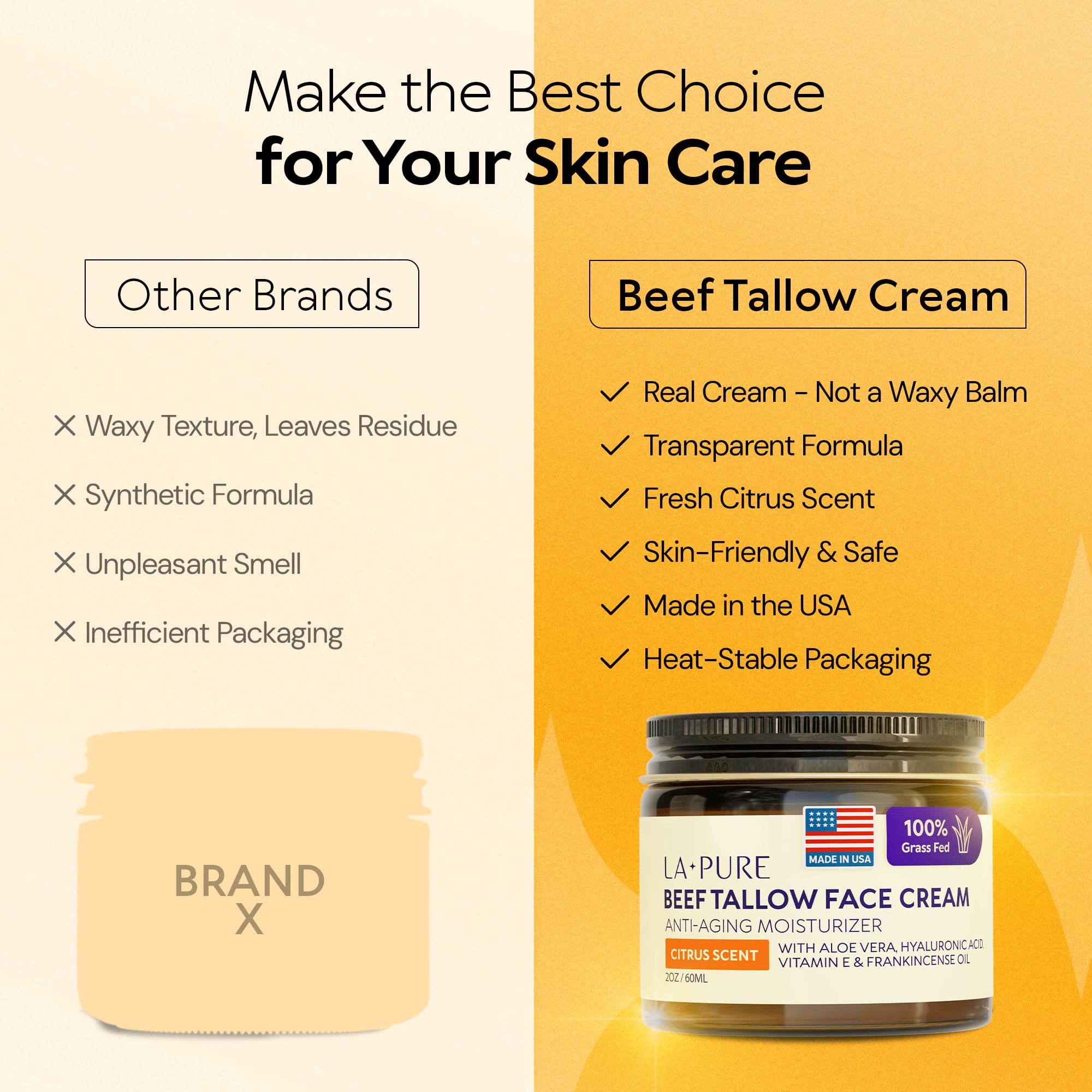LA PURE Beef Tallow Face Cream – Hydrating, Non-Greasy Moisturizer with Aloe Vera, Hyaluronic Acid, Frankincense & Vitamin E