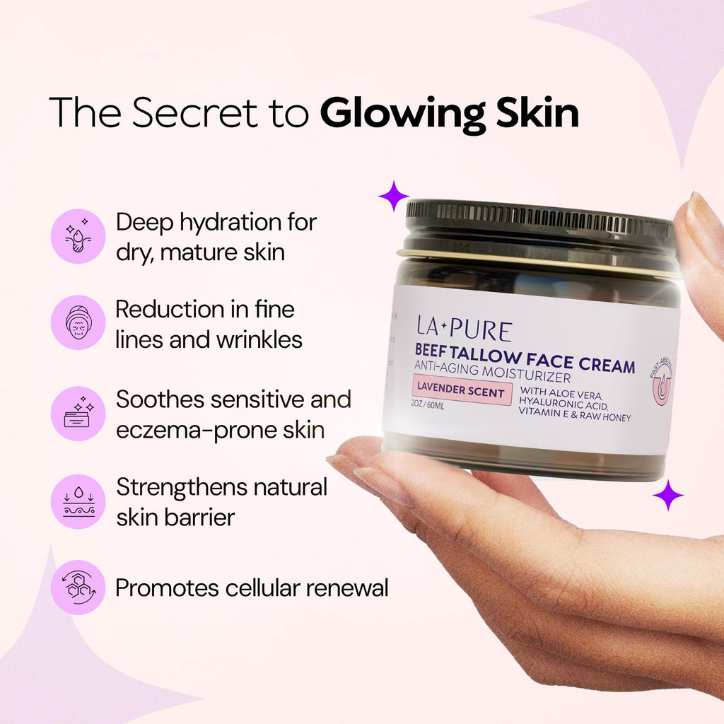 LA PURE Beef Tallow Face Cream – Grass-Fed Tallow, Organic Aloe Vera, Vegan Hyaluronate, Lavender, 2oz