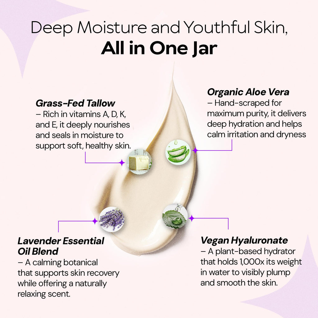 LA PURE Beef Tallow Face Cream – Grass-Fed Tallow, Organic Aloe Vera, Vegan Hyaluronate, Lavender, 2oz