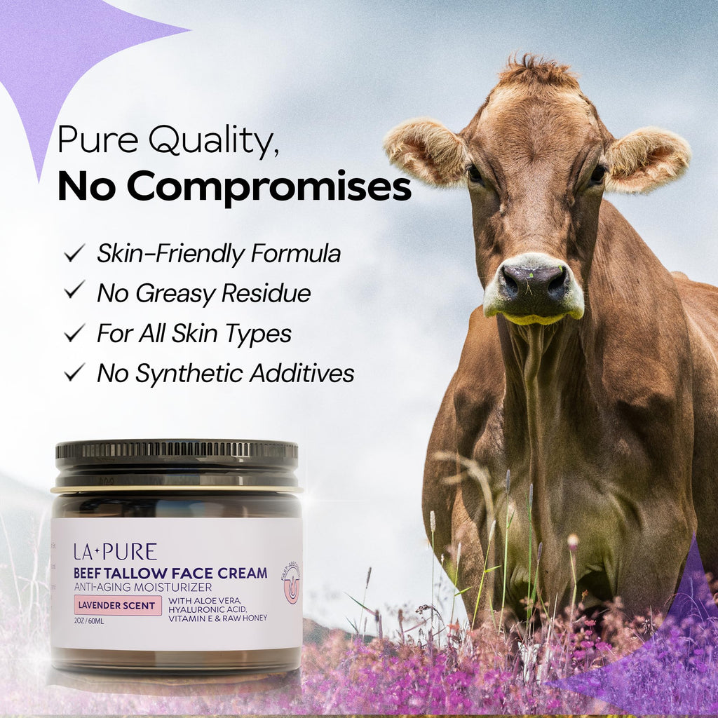 LA PURE Beef Tallow Face Cream – Grass-Fed Tallow, Organic Aloe Vera, Vegan Hyaluronate, Lavender, 2oz