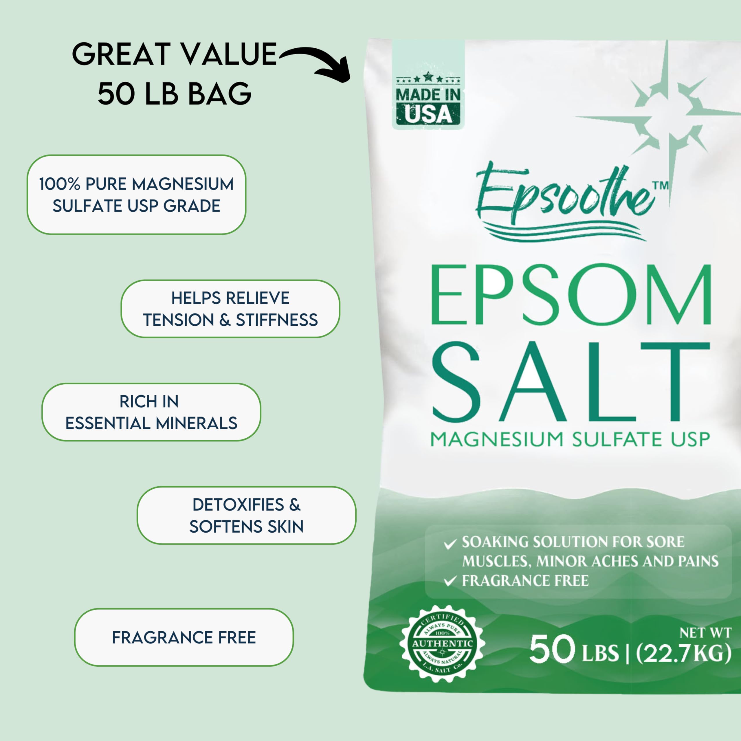 LA SALT CO Epsom Bath Salt – Unscented, Fine Grain, 50 lb Bulk Bag (Magnesium Sulfate USP)