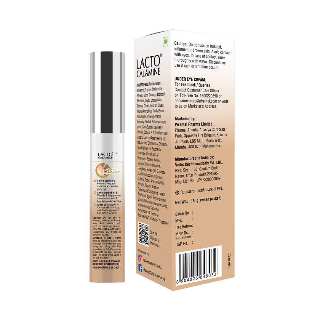 Lacto Calamine Under Eye Cream for Dark Circles – Cooling Roller (15g) with Coffee Oil, Niacinamide & Vitamin E