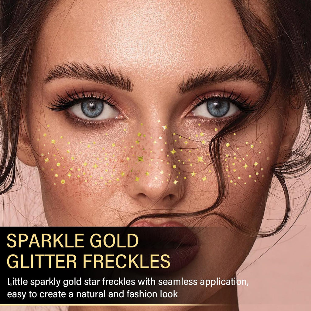 LADDYFOX 20 Pcs Gold Face Makeup Patches – Glitter Freckles, Waterproof Sparkle for Mardi Gras