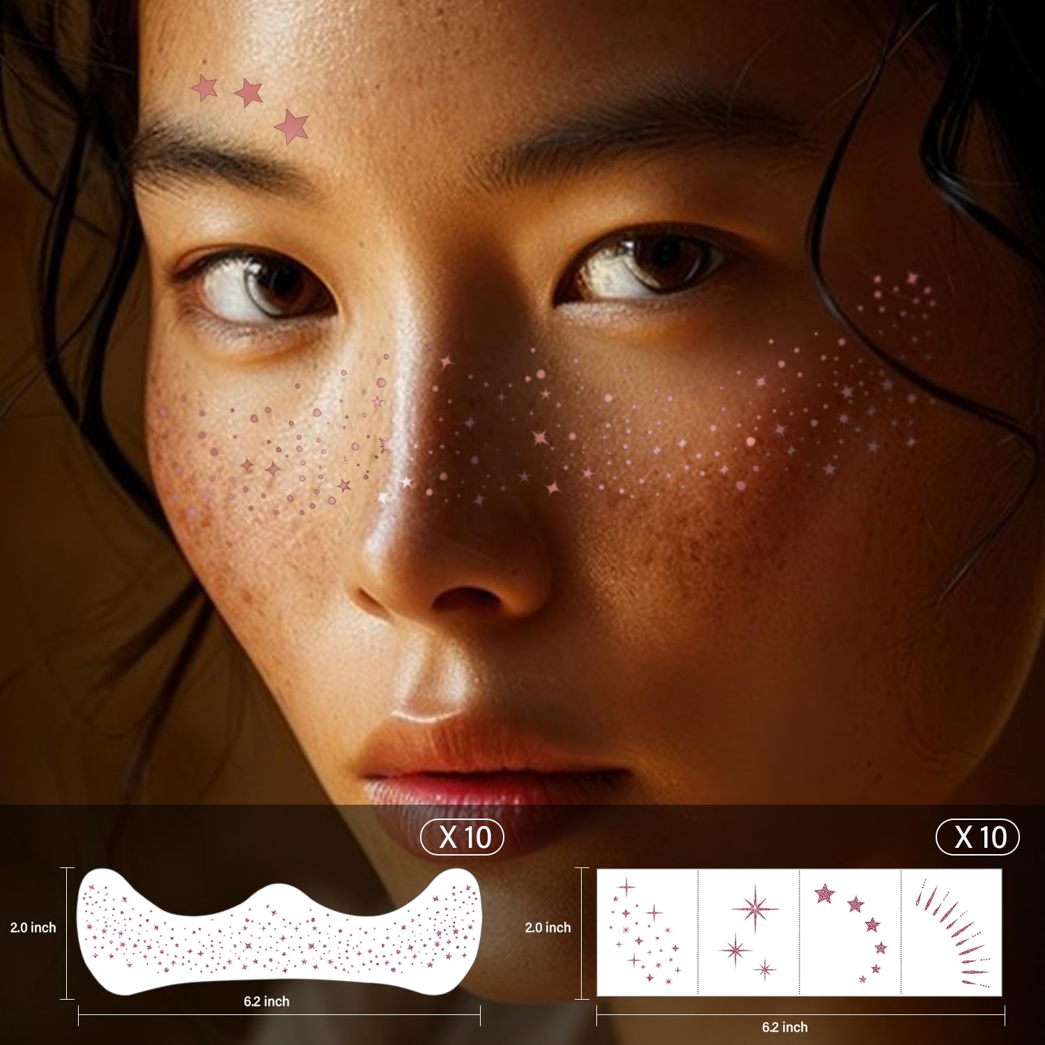 LADDYFOX 20 Pcs Rose Gold Glitter Freckles Patches – Waterproof Easy-Apply Face Tattoos for Women