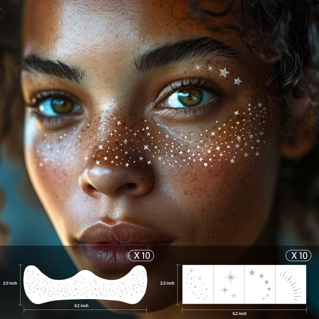 LADDYFOX 20 Pcs Silver Face Patches – Glitter Freckles, Waterproof Temporary Tattoos