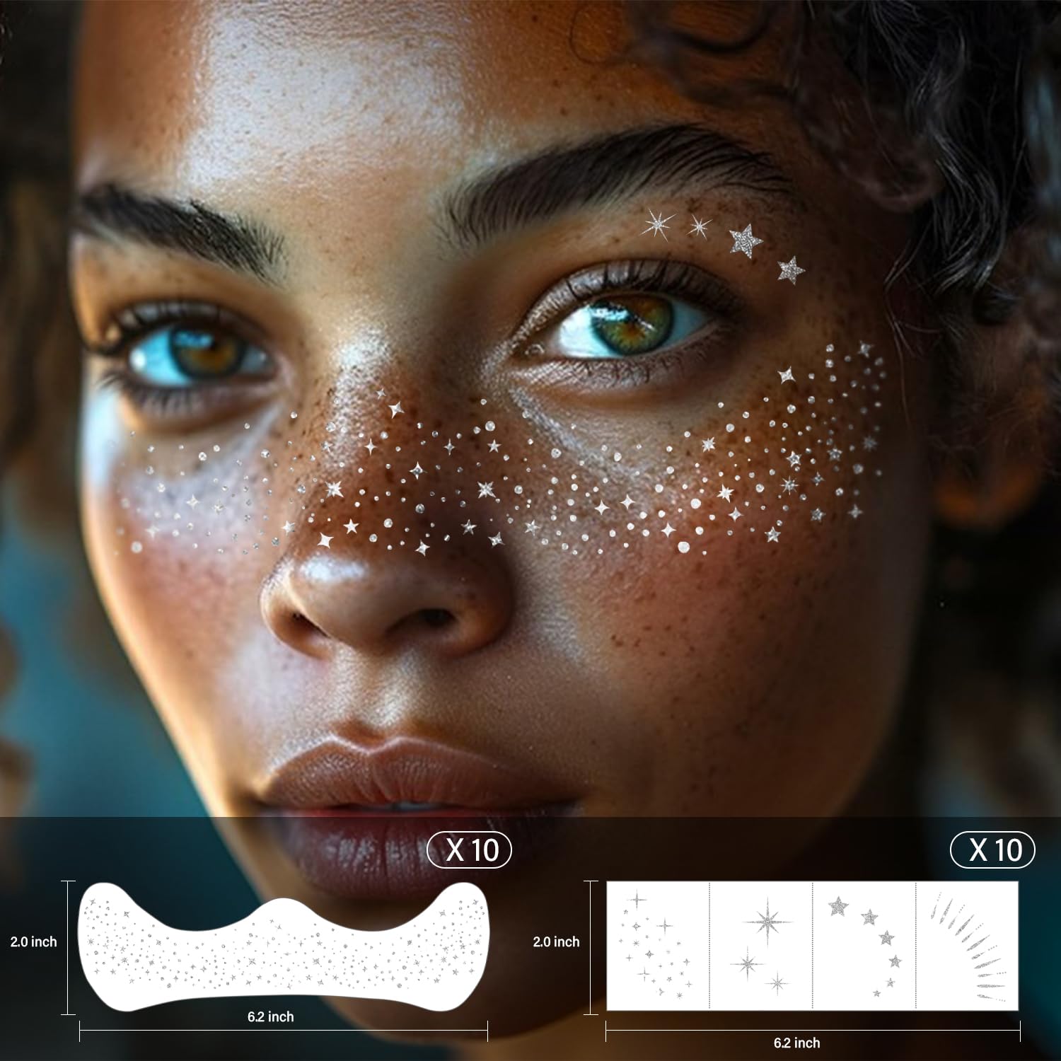LADDYFOX 20 Pcs Silver Face Patches – Glitter Freckles, Waterproof Temporary Tattoos
