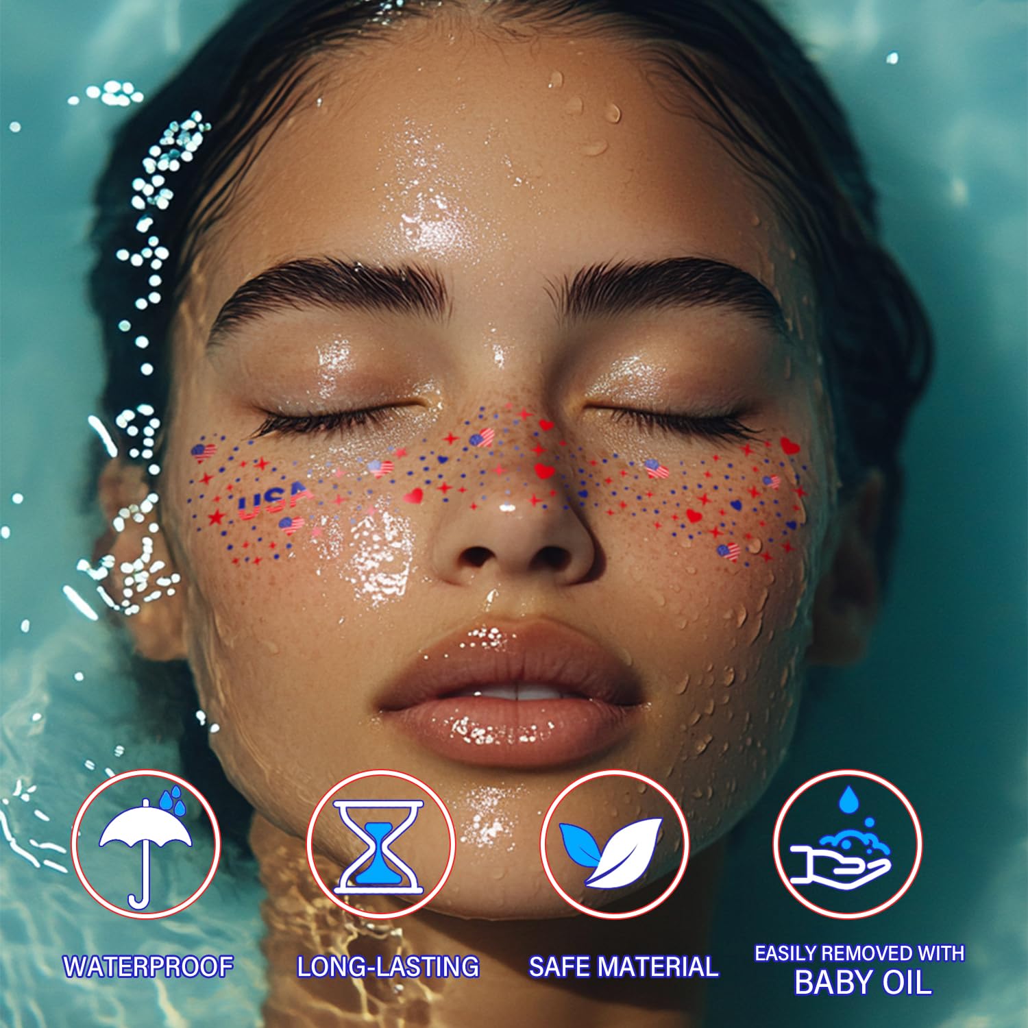 LADDYFOX 20-Piece Patriotic Glitter Face Tattoos – Waterproof Independence Day Temporary Tattoos