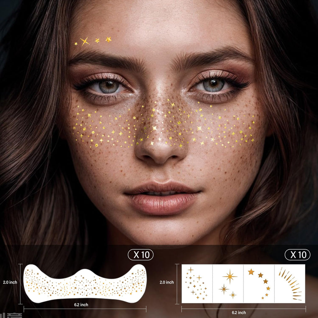 LADDYFOX 20 Pcs Gold Face Makeup Patches – Glitter Freckles, Waterproof Sparkle for Mardi Gras